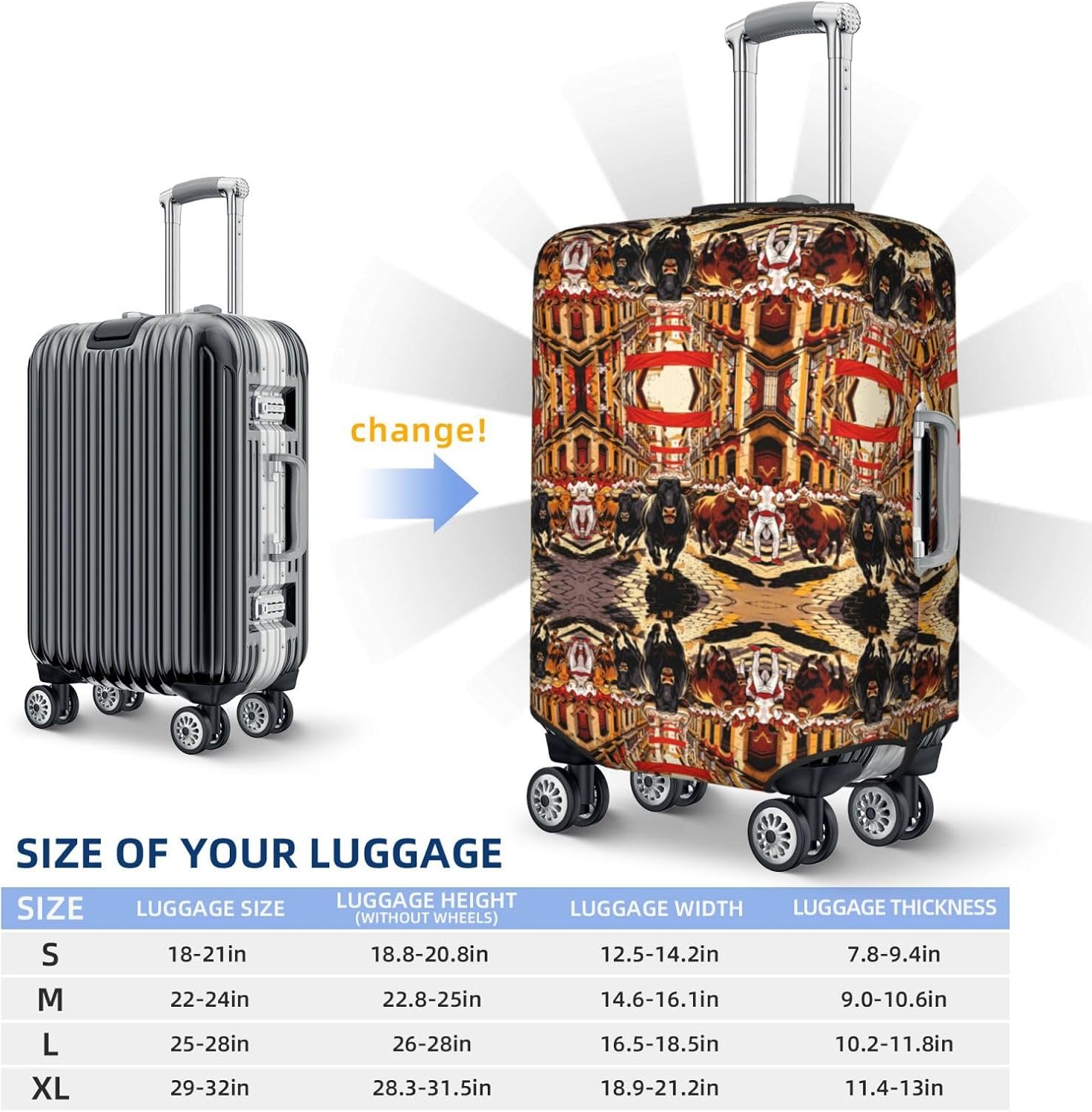 Street Bullprint Premium Suitcase Cover | Durable Polyester Elastic Luggage Cover With Zipper & Buckle, Travel Suitcase Protector For Medium Large Bags