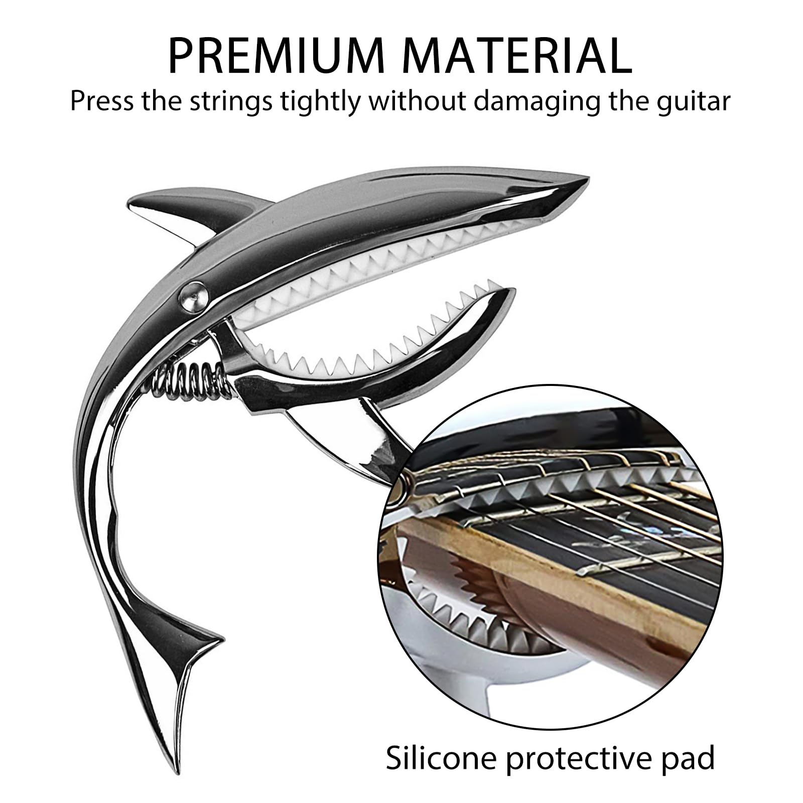 Musiin Shark Guitar Capo - Suitable for Electric Acoustic, Classical Guitars, Ukulele Zinc Alloy Spring Capo (Silver) - Image 4