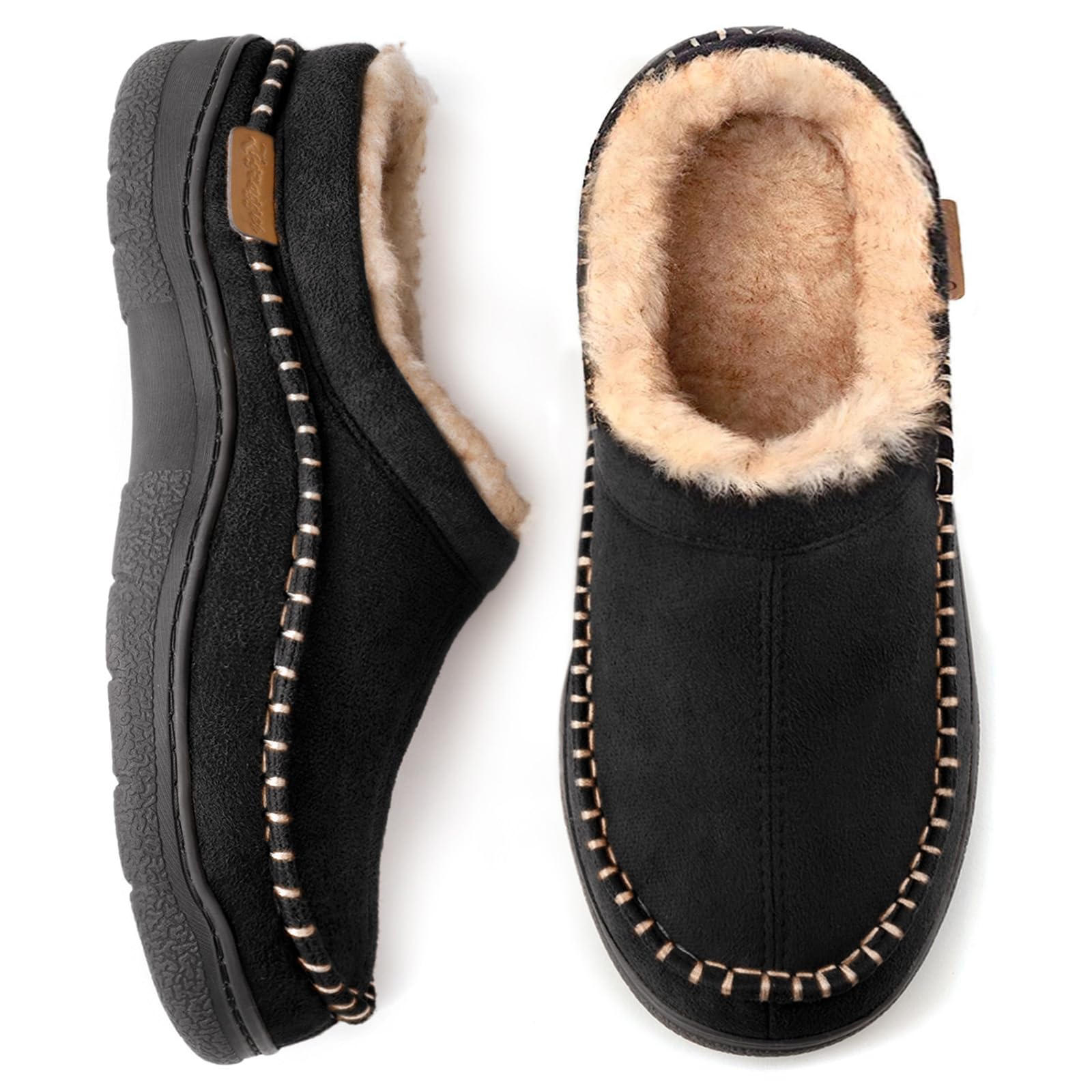 ZigzaggerMen's Fuzzy Moccasin Slippers Indoor/Outdoor Fluffy House Shoes, Black, 6-7 UK
