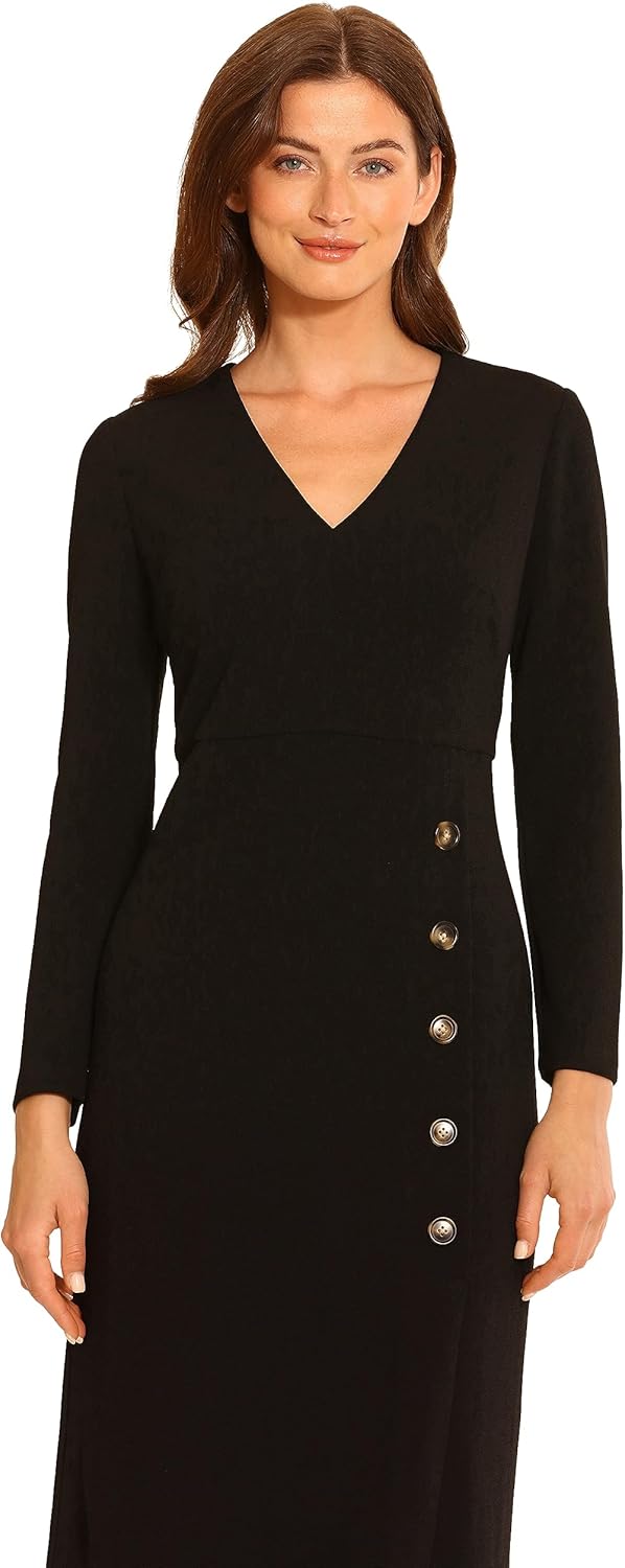 Maggy London Womens V-Neck Midi with Side Skirt Buttons Detail - Image 4