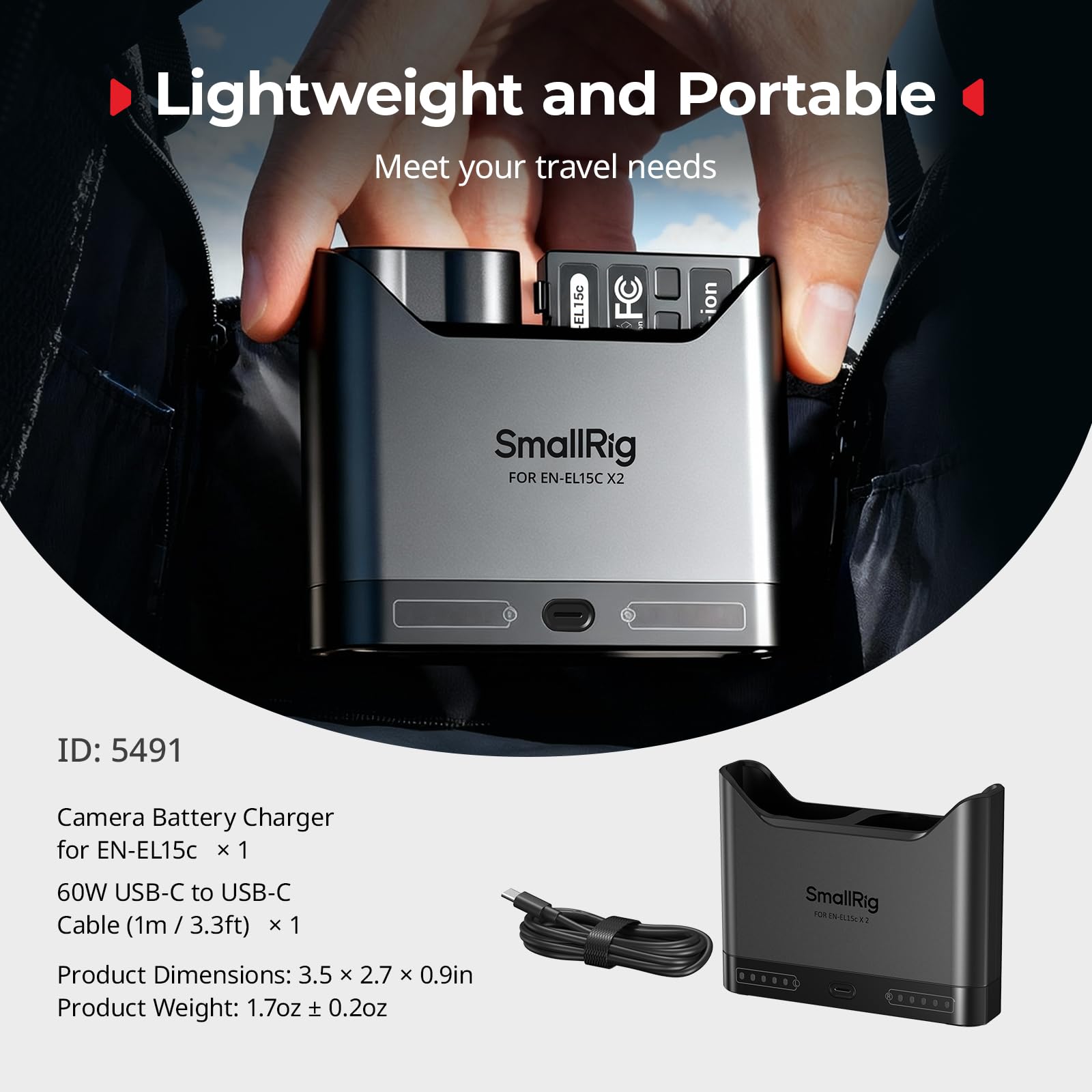 SMALLRIG EN-EL15c Chargeur de Batterie pour Nikon, 2 h Chargeur Double pour Appareil Photo, Port USB-C 22,5 W, pour Nikon ZR, Z6III, Zf, Z8, Z7II, Z7, Z6II, Z6, D850, D810, D780, D750, D500, D7500
