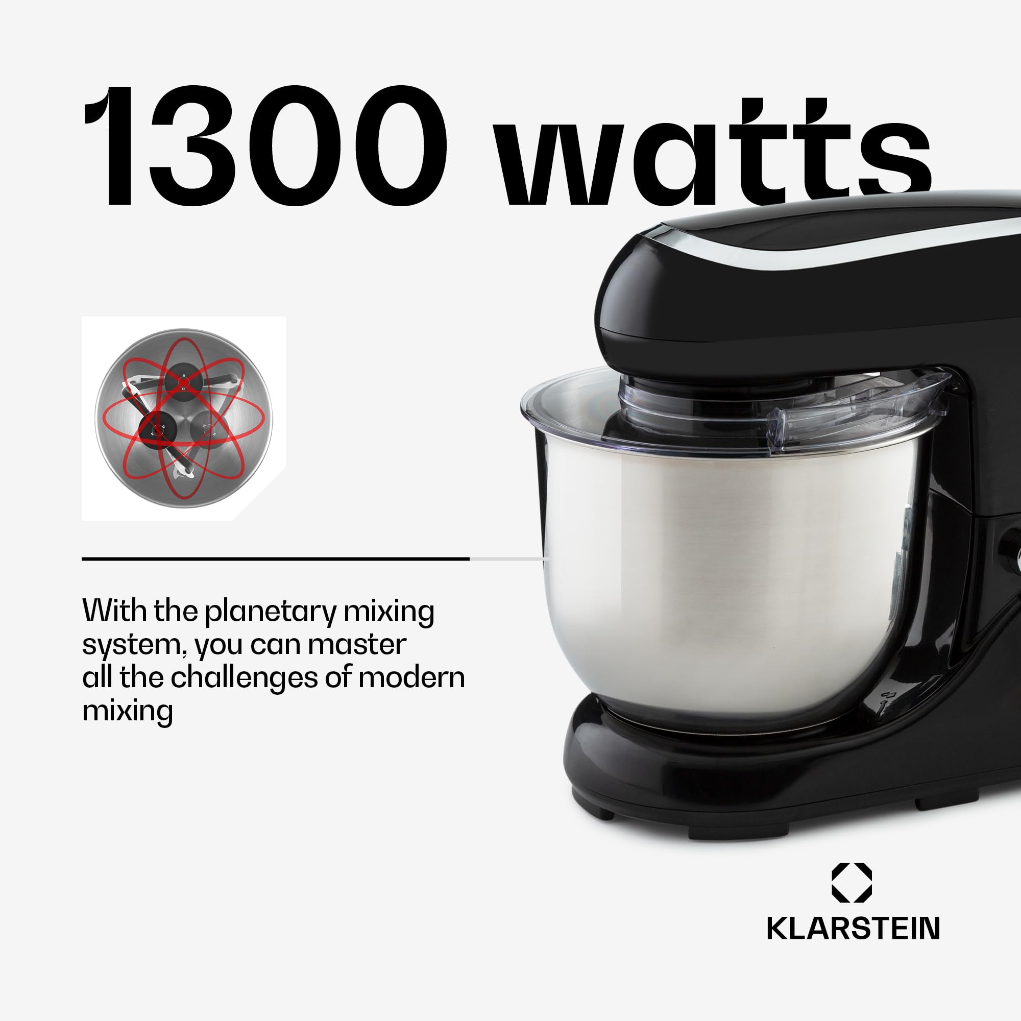 Klarstein Robot kuchenny do pieczenia, 1300W maszyna do ciasta Mała, 6 biegów, Trzepaczka, hak do mieszania i ugniatania, Misa 5L, Mieszanie planetarne, Mikser z blenderem, Robot do ciasta na chleb
