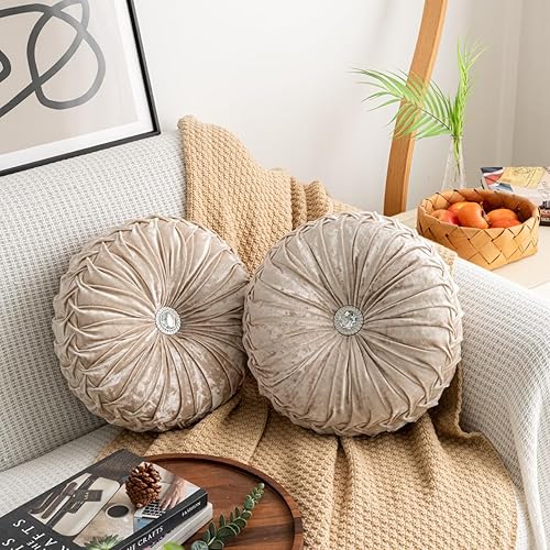Miniatura 4 de Almohada redonda de terciopelo helado de 13.7 pulgadas, almohada redonda plisada con relleno de calabaza para el hogar, cojín decorativo para sofá,
