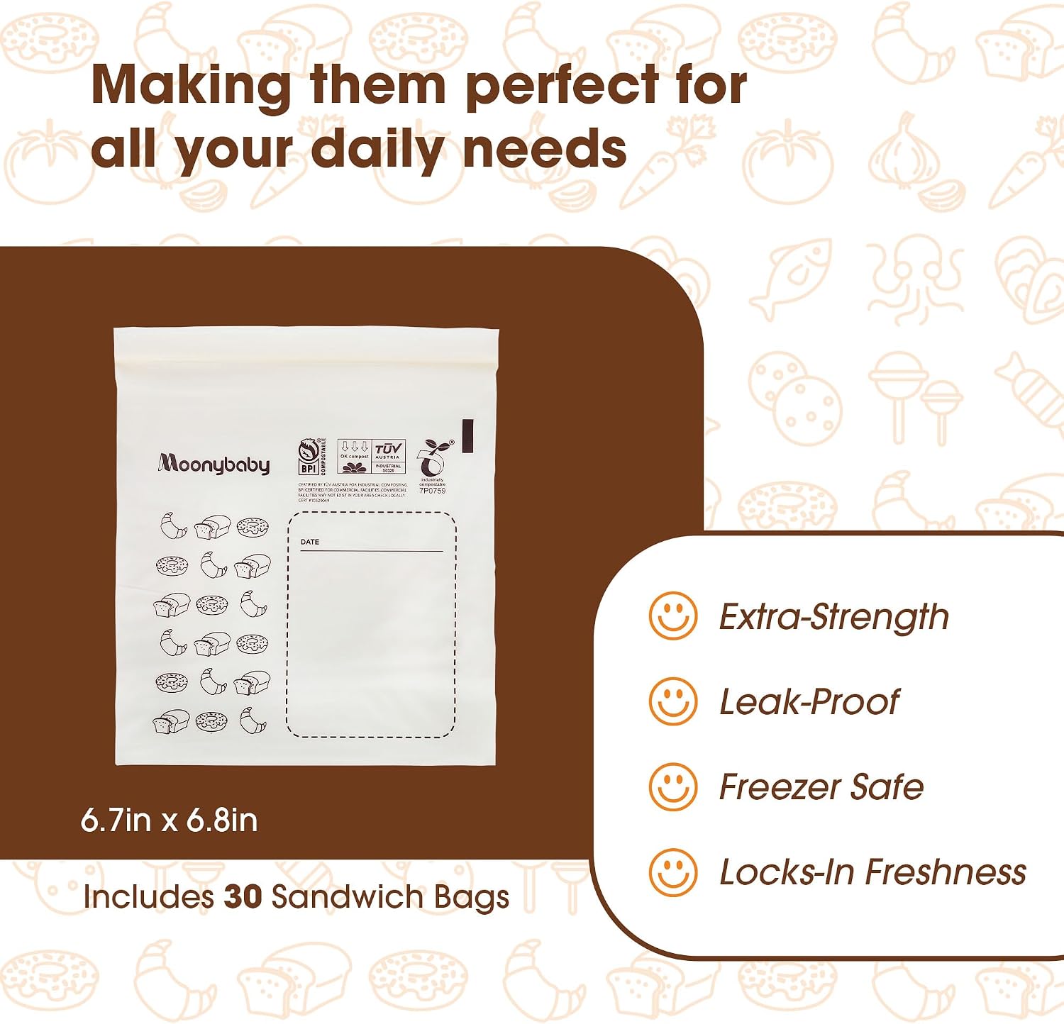 Moonybaby Compostable Sandwich Size Food Storage Bags (30 Count), Organic Food Storage Container with Food-Safe Zip Seal, Freezer and Leak Proof