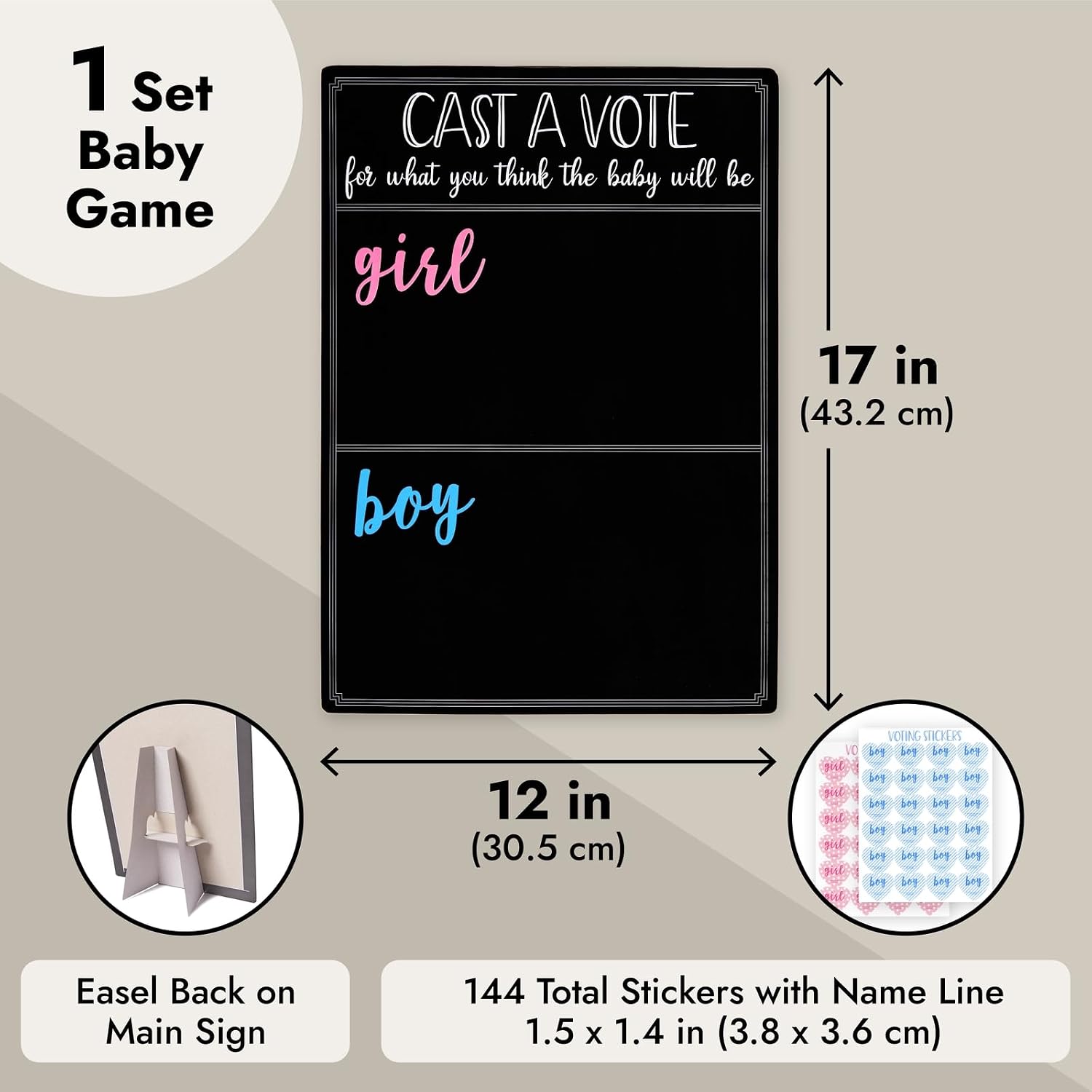 Juvale Boy or Girl Voting Board - Interactive Gender Guessing Board - Classic Black Chalkboard Baby Shower Decoration - Easy Tabletop Display for Baby Shower Games - Black, 12 x 17 in, 144 Stickers
