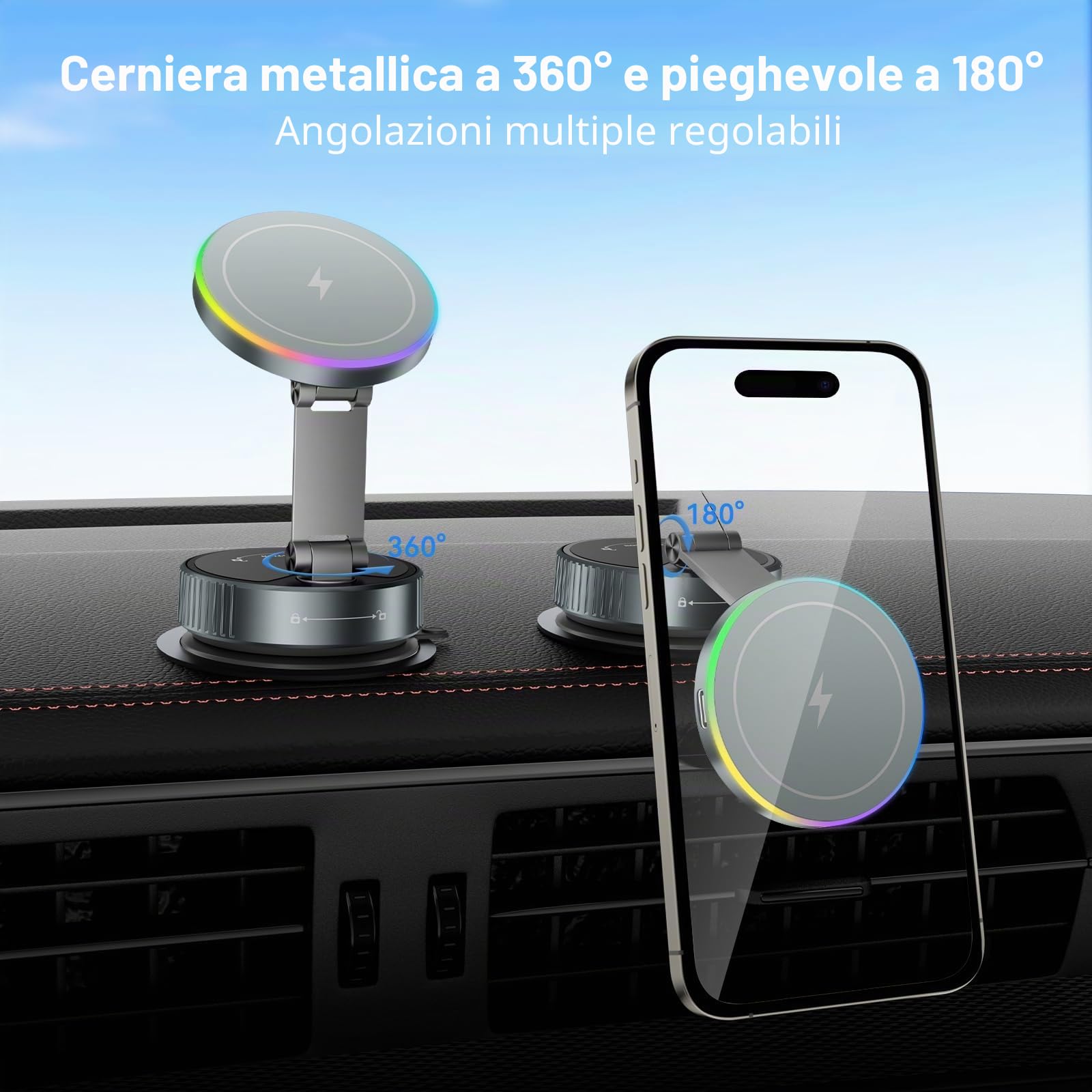 CloudValley per MagSafe Supporto Caricatore per Auto, Ricarica Wireless Rapida 15W e Ventosa a Vuoto Rotante 360°, Supporto Magnetico con Luce RGB per iPhone 17-12/Cruscotto/Parabrezza/schermo