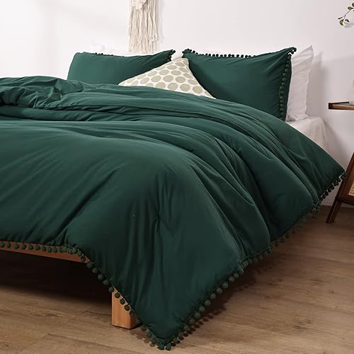 Miniatura 4 de Smoofy Juego de edredón con flecos, tamaño Queen, color verde esmeralda, bohemio, elegante, bonito juego de ropa de cama con pompones, suave,