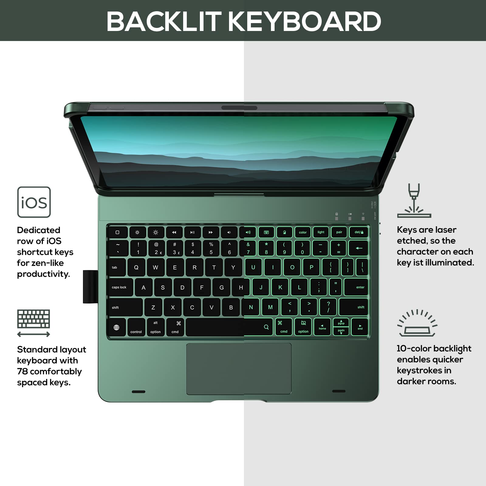 typecase Touch Keyboard Case for iPad Air 11-inch(M4/M3/M2,2026/2025/2024)& iPad Pro 11(4th/3rd/2nd/1st Gen),Multi-Touch Trackpad,11-Color Backlight,360°Rotatable for iPad Air 5/4th Gen,Midnight Green Product Image 6