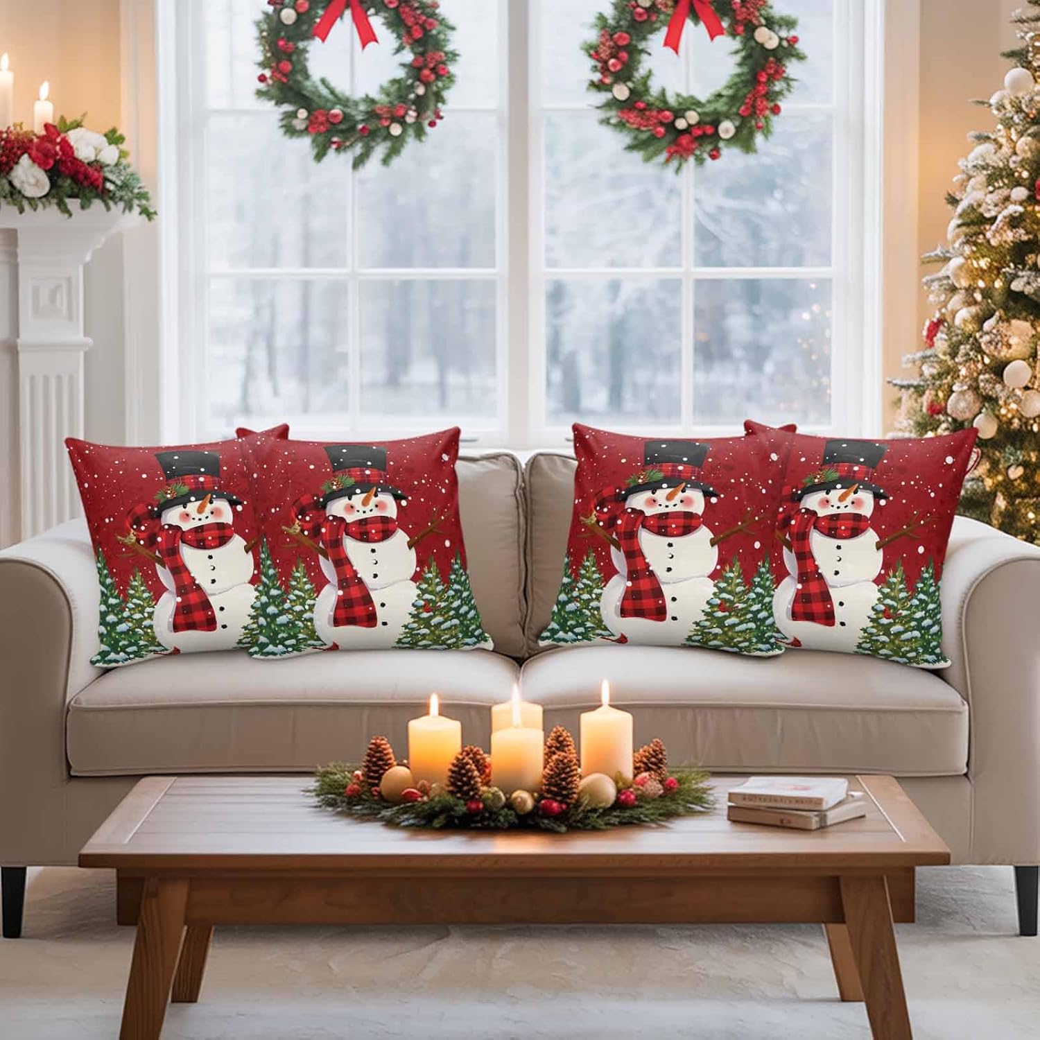 Waterproof Pillow Covers for Outdoor/Indoor,Cute Snowman Christmas Tree Holiday Pillow Cases Soft Throw Pillows Pack of 2,Winter Snow Cardinal Berry Red Back Cushion Cover for Living room/Bedroom/Bed