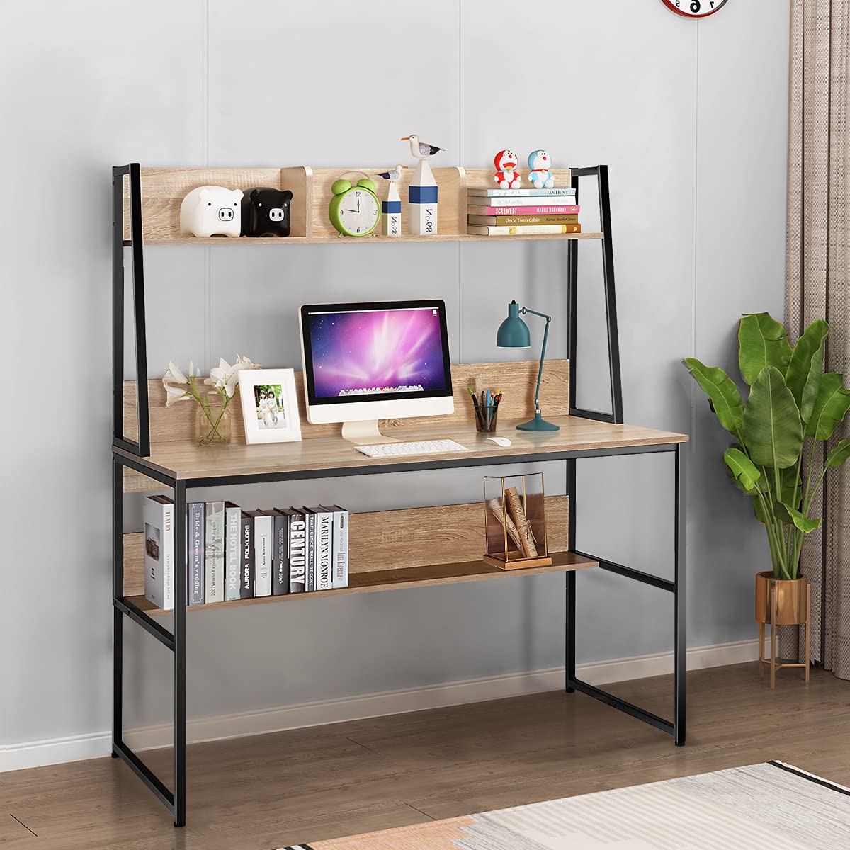 COSTWAY Escritorio para Computadora con Aparador y Estantería, Mesa de Estudio con 3 Cubos de Almacenamiento y Librería Abierta, Mesa Ordenador Que Ahorra Espacio (Natural)