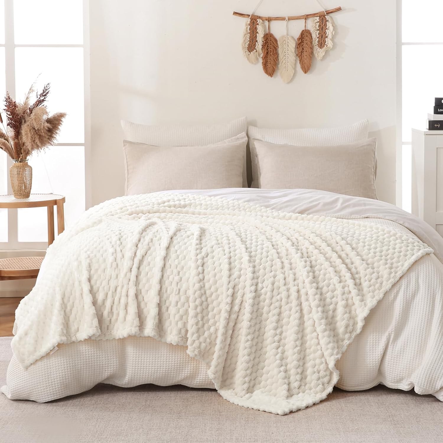 Bnuitland Flannel Throw Blanket, 300 GSM Fleece Cozy Warm Soft Home Decor Lightweight Bed Sofa Blanket for Adults, Suitable for All Seasons(Ivory,50X71 inches with Pillow Cover) - Image 3