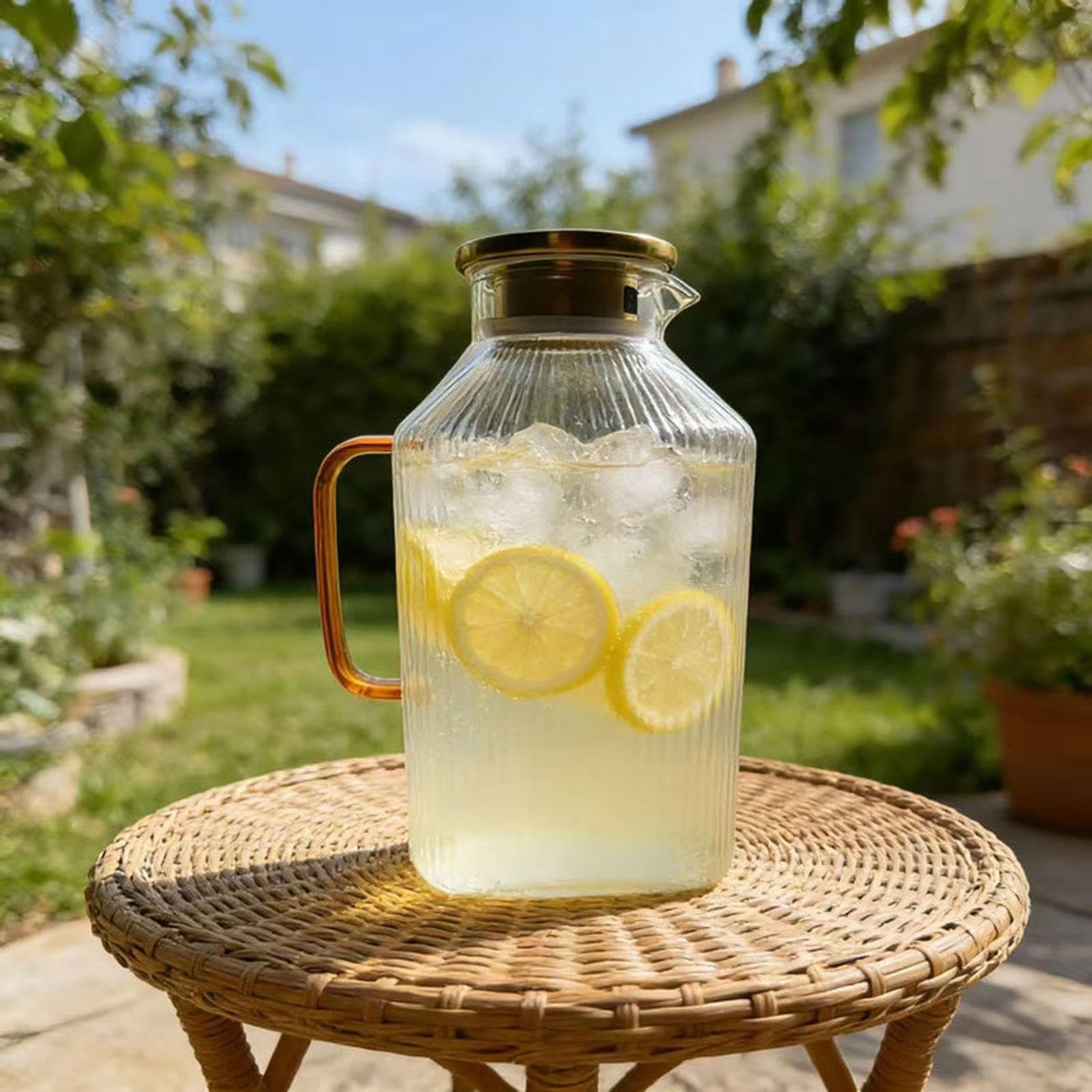 Glaskaraffe mit Wasserspender für Kalte Getränke, Stabiler Griff, Edelstahldeckel, Großes Fassungsvermögen, Geeignet für Den Kühlschrank, Goldgriff