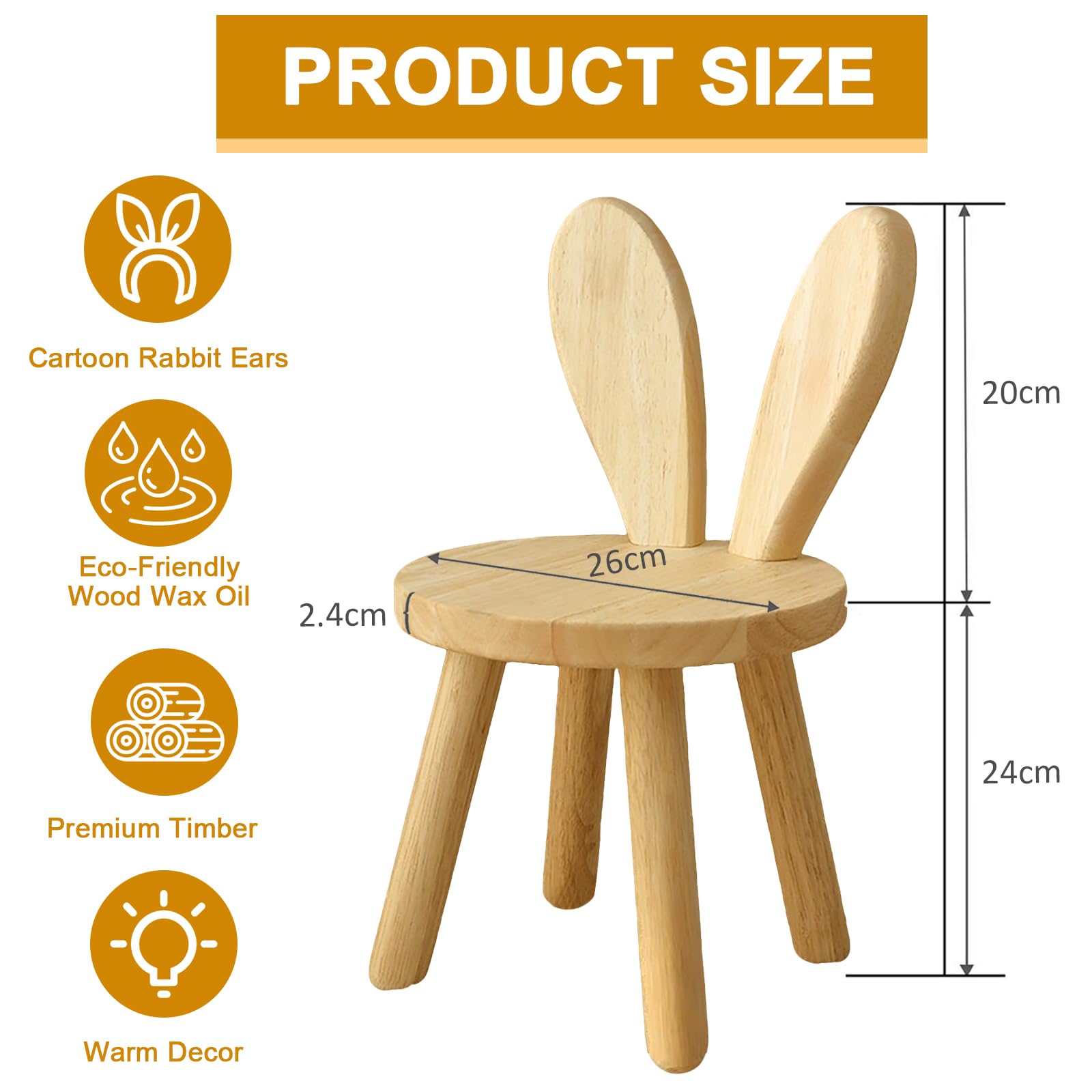 Kinderstuhl Holz mit Hasenohren, Massivholz Kinderstuhl ab 3–6 Jahren, 25 cm Sitzhöhe, rutschfest & stabil, niedlicher Stuhl für Kleinkinder & Vorschulkinder im Kinderzimmer