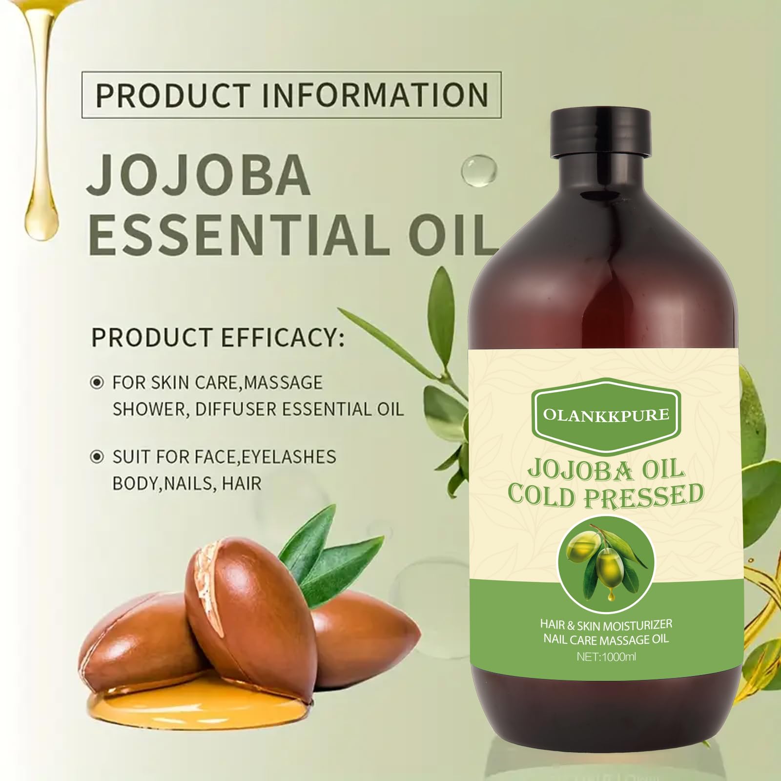 Aceite Portador de Jojoba 100% Puro, sin Refinar, sin Hexano, Prensado en Frío para Piel, Cara, Cabello, Uñas y Masajes, 1000 ml