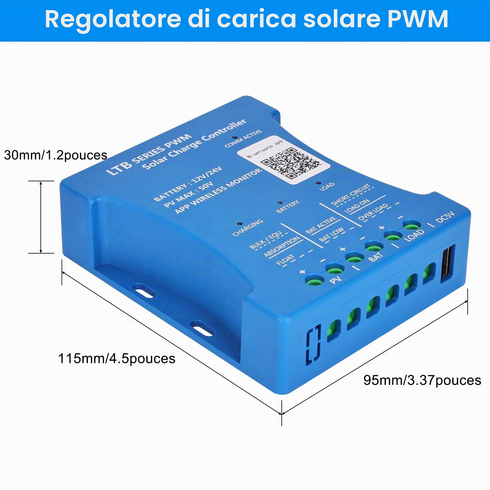 20A 12V/24VP PV:50V PWM Bluetooth Regolatore di Carica Solare Regolatore di carica della Batteria del Pannello Solare Intelligente con porta USB 5V per batterie al piombo-acido LiFePO4 al litio