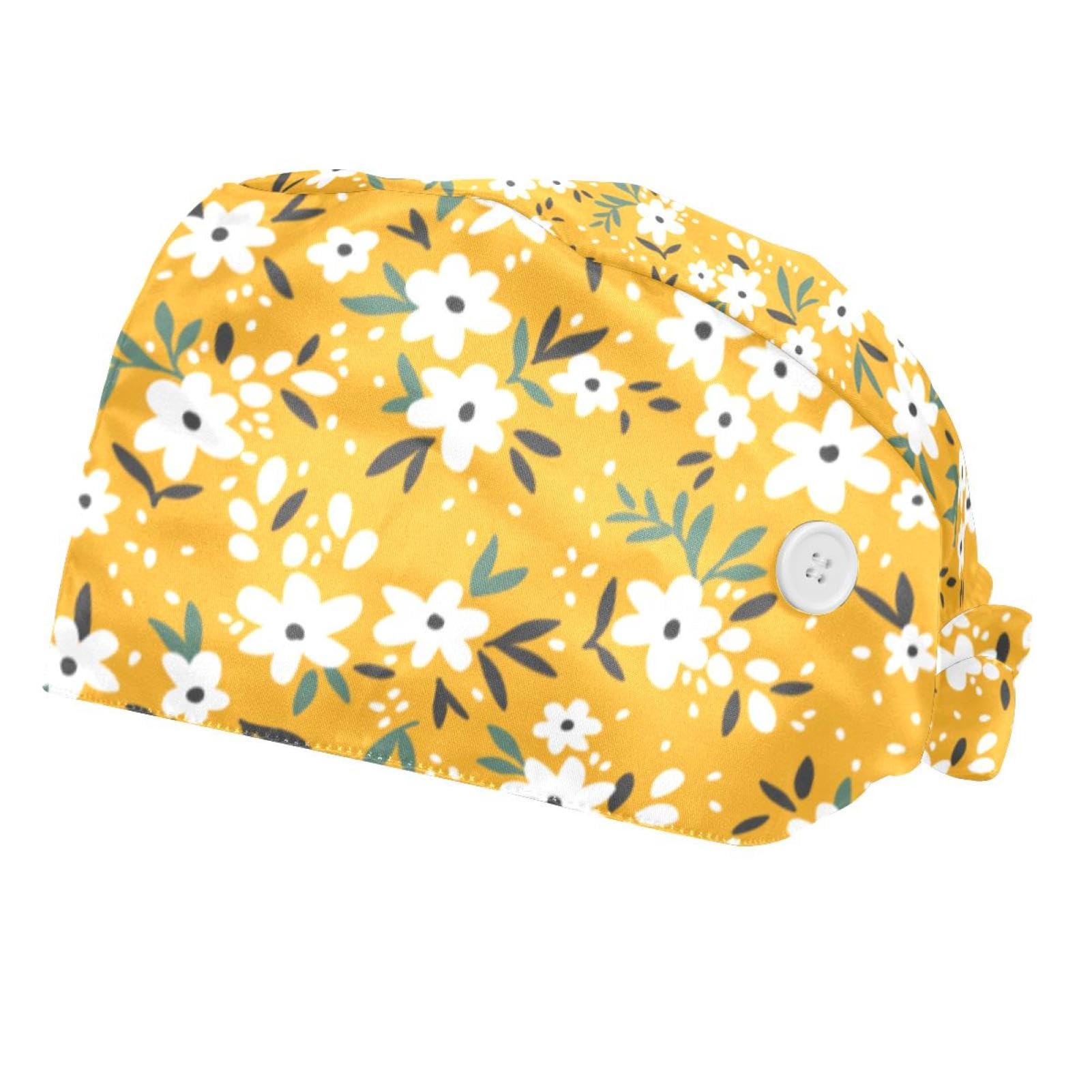 Yellow Small Flower Sweat Wicking Doo Rag Beanie Cooling Helmet Liner Bandana Chemo Hat for Men and Women