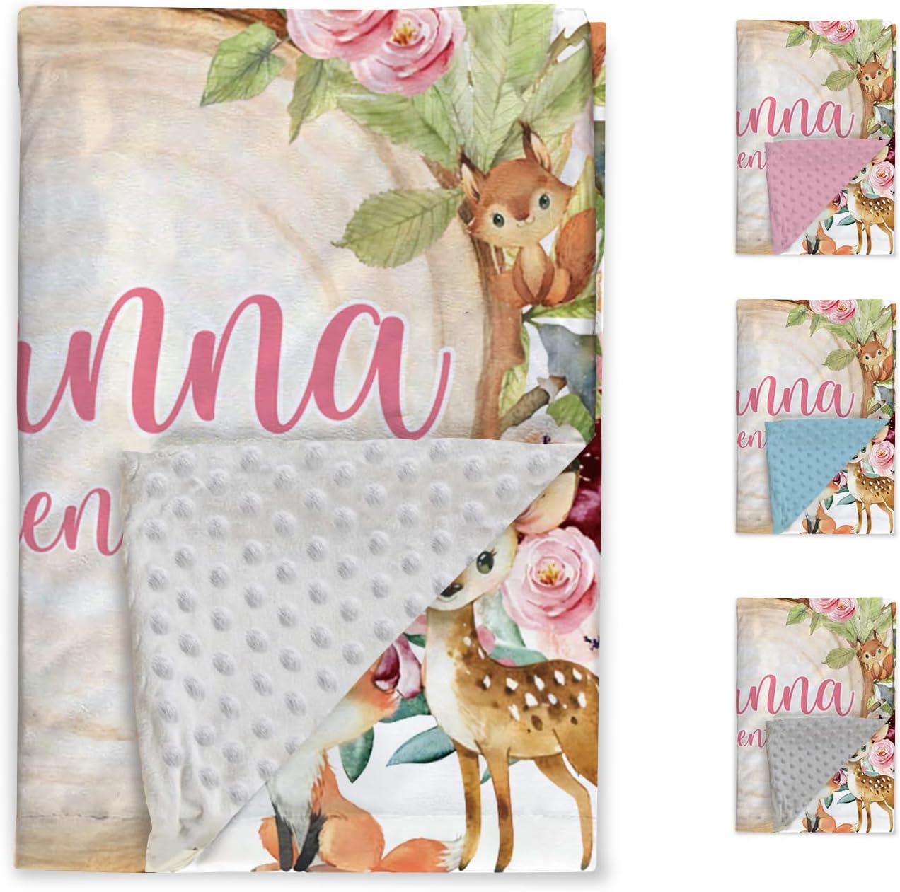 Custom Baby Blanket - Personalized Name with Woodland Animals Design - Soft Plush Blanket with Double Layer Dotted Backing for Boys Girls Gift Color02