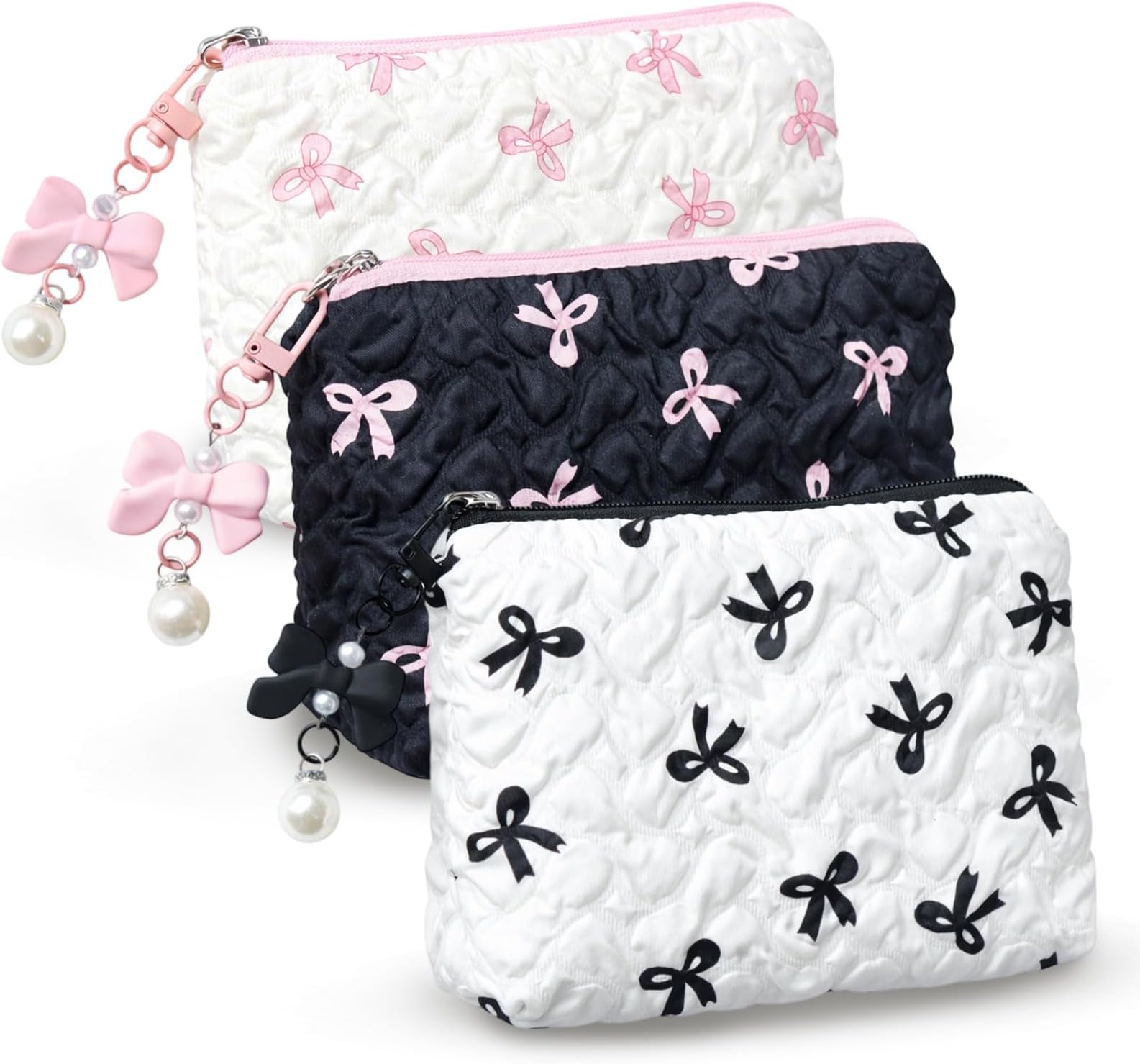 3PCS Small Makeup Bag, Cute Make up Bag, Compact Cosmetic Organizer with Elegant Bow Design, Skin Care Pouch Small Fluffy Purse Collection Traveling Makup Women Girls