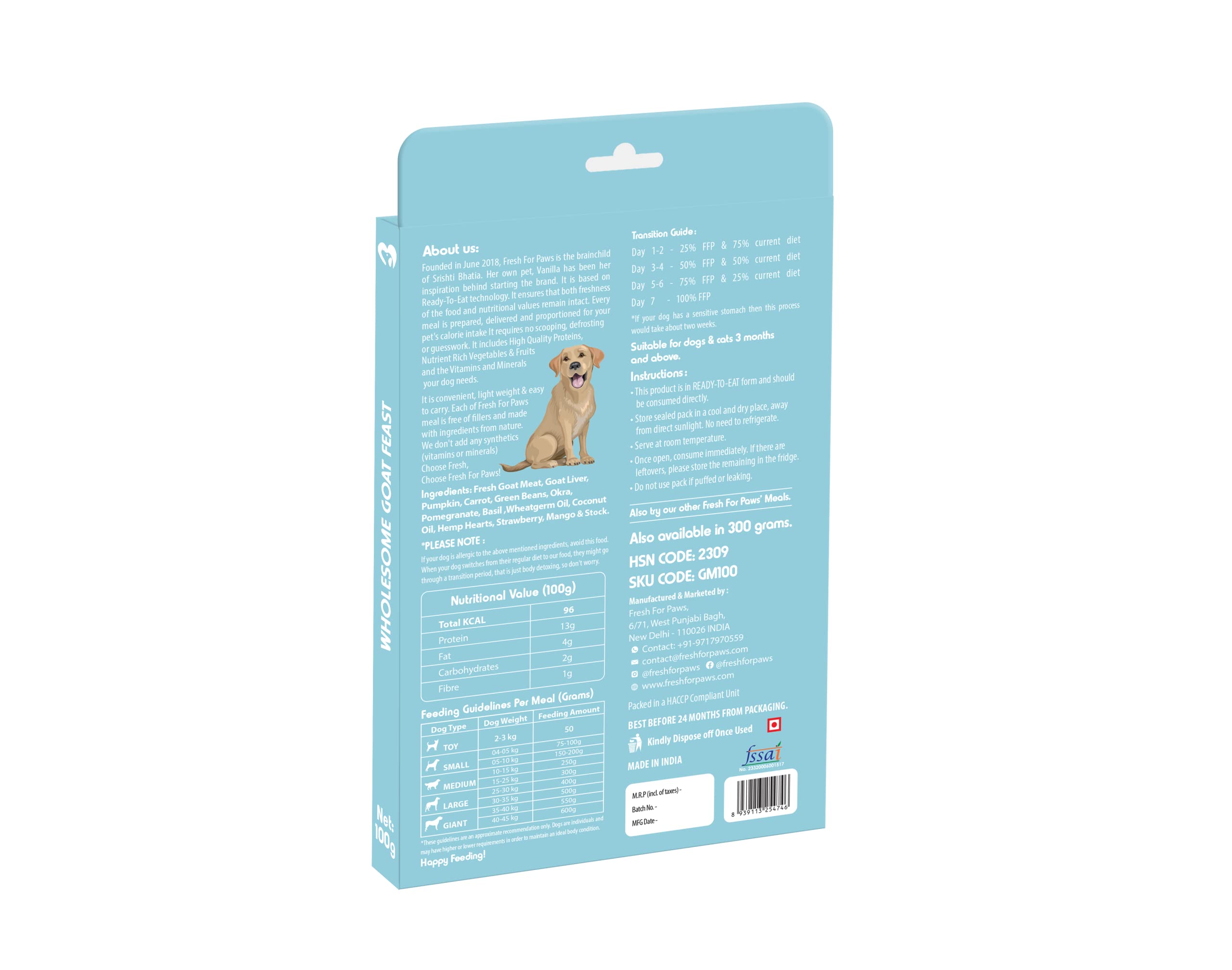 FRESH FOR PAWS 100% Natural&Human Grade Wholesome Goat Feast Fresh Wet Dog Food Ready to Eat|Complete&Balanced Meals for Dogs with Healthy Fats&High Protein|All Breed|100 Gm Pack of 2,All Life Stages