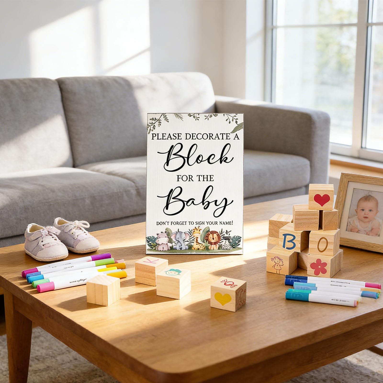 Kit de jeux pour baby shower, ensemble de 75 pièces comprenant 50 cubes en bois, 24 marqueurs, 1 panneau de jeu et des blocs à sculpter pour des activités manuelles (peinture, loisirs créatifs)