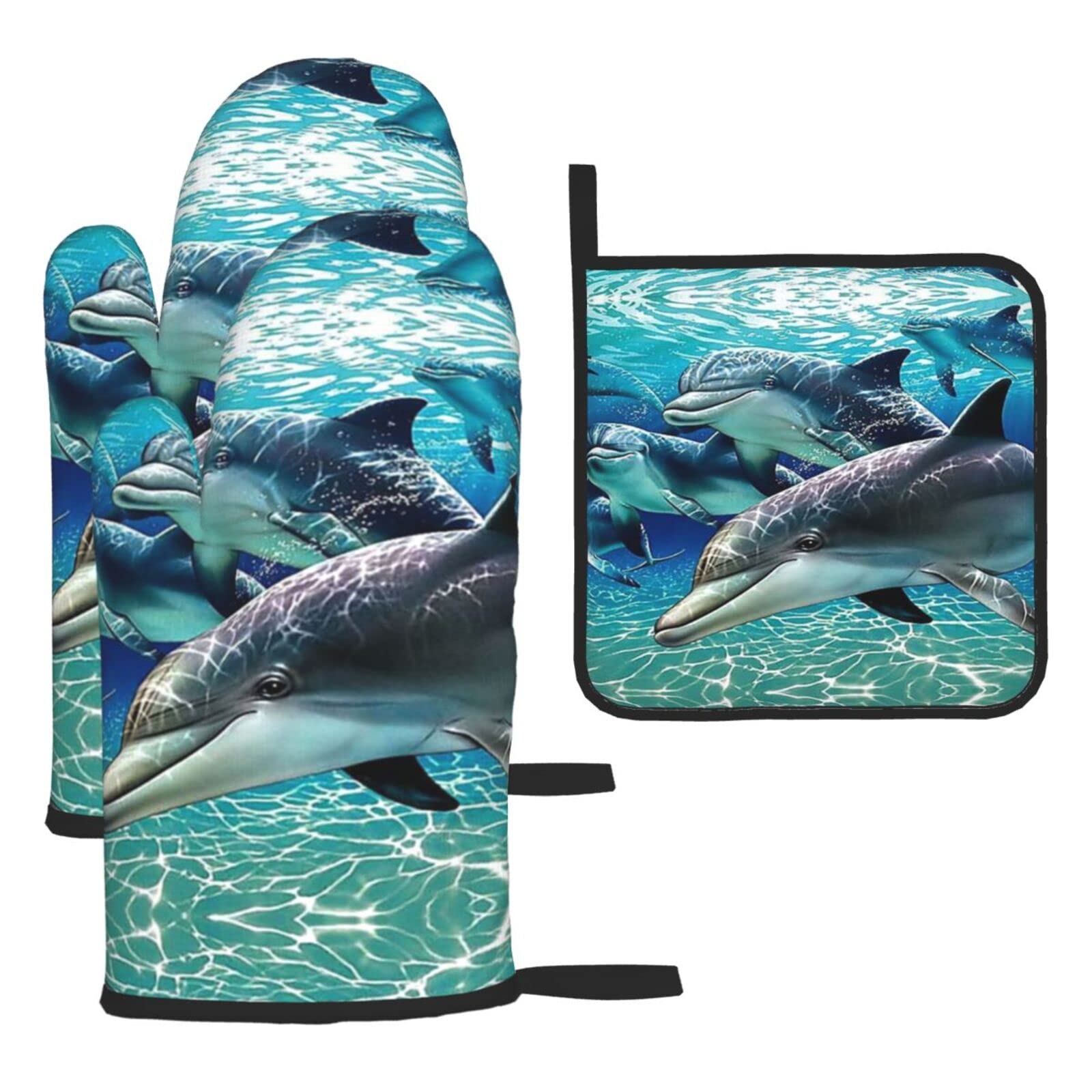 Dolphins Oven Mitts and Pot Holder Kitchen Set for Grilling, Cooking, Baking, Heat Resistant