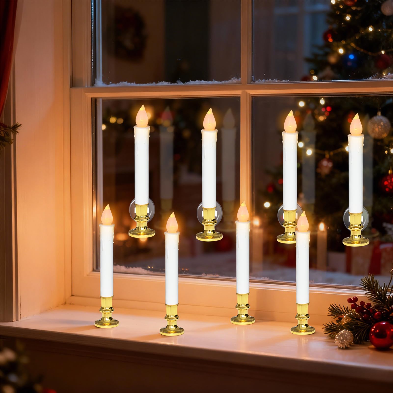 CVHOMEDECO. Candele coniche senza fiamma con telecomando a 10 tasti, funzionamento a batteria, LED tremolanti 3D, candele per finestre con stoppino in vera cera, decorazione per la casa o per feste di