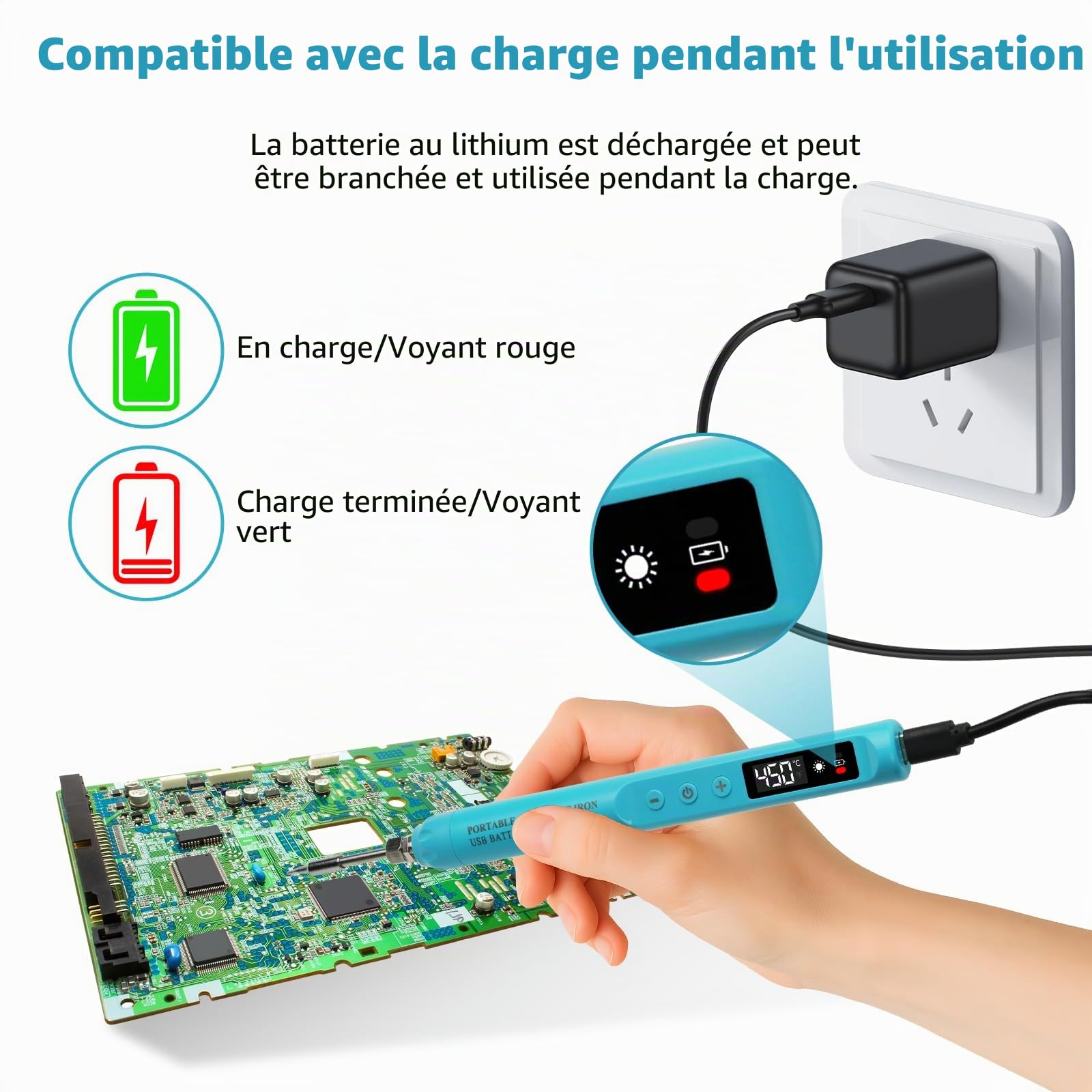 Fer à souder rechargeable USB-C, stylo à souder sans fil portable avec écran LCD, température réglable de 200 °C à 450 °C, avec 3 pointes pour réparation électronique, fabrication de bijoux