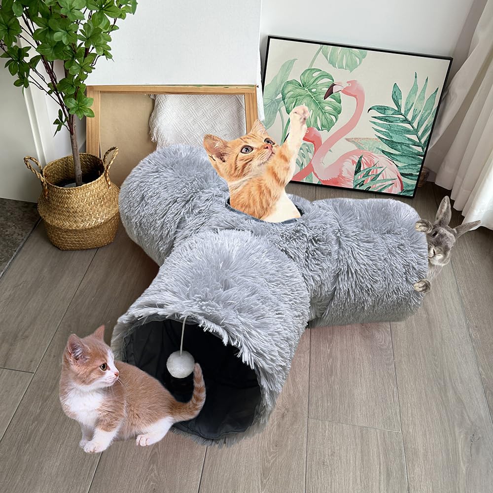Túnel plegable para gatos de interior de 3 vías de felpa gris, tubo de juego portátil con agujeros para mirar, perfecto para gatitos, conejos y mascotas pequeñas, juguete interactivo
