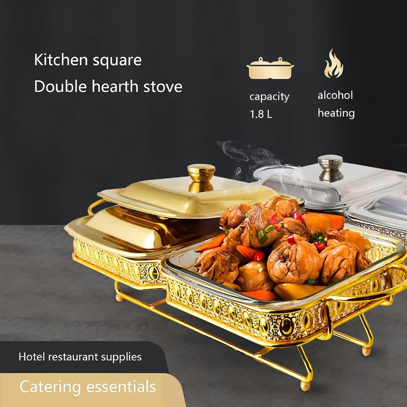 Calefacción buffet – Juego de buffet de hot pot buffet, set de calefacción plegable y buffet, olla de comida, olla de agua, estante de combustible y tapa para eventos de catering (dorado)