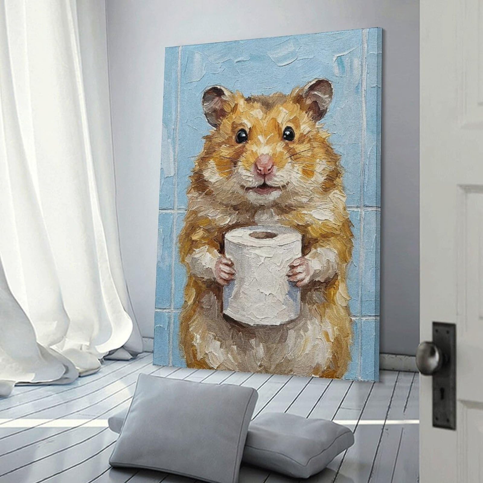 Junmoney Frame-Style-15 Decorative Wall Artwork Hamster Holding Toilet Paper Roll Painting, 24X36inch(60X90cm), For Contemporary Homes, Apartments Or Offices, An Easy Choice For New Home Styling