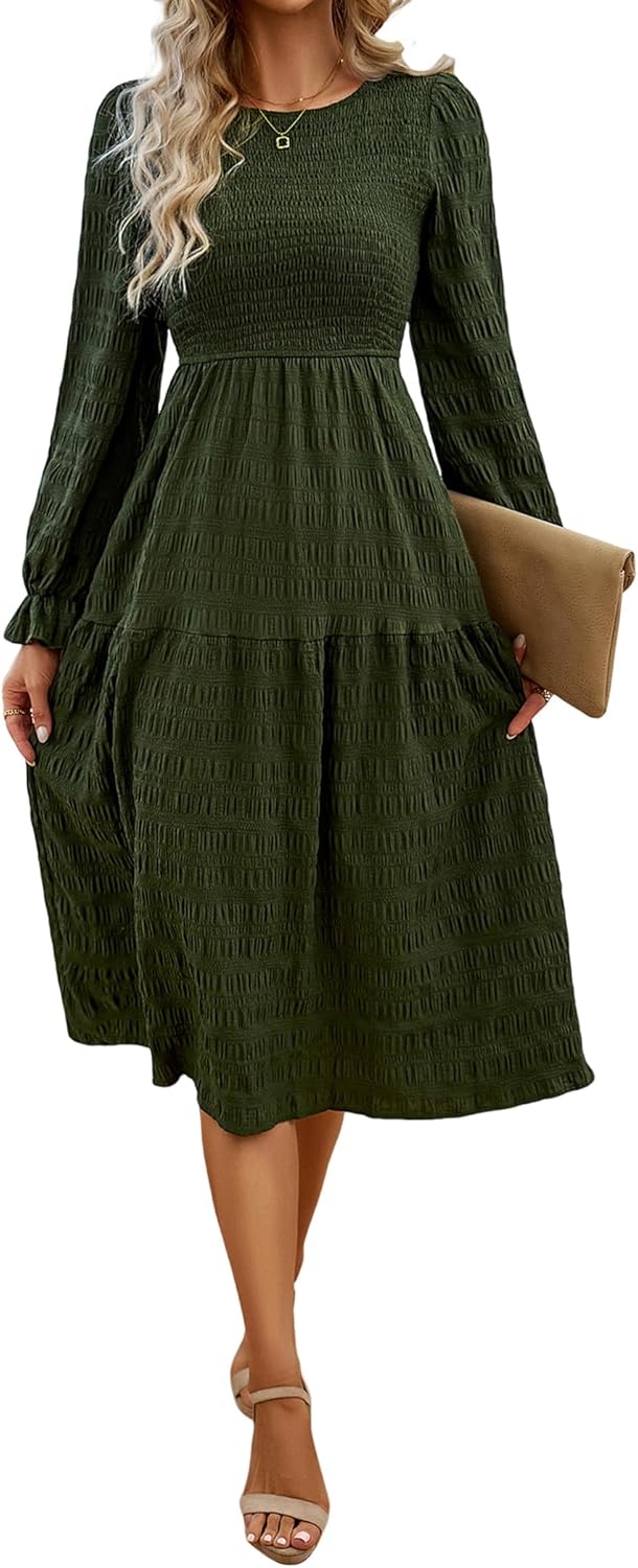 Women's Fall Long Sleeve Maxi Dresses 2024 Casual Crew Neck Empire Waist Tiered Flowy A Line Wedding Guest Dress Military Green Small