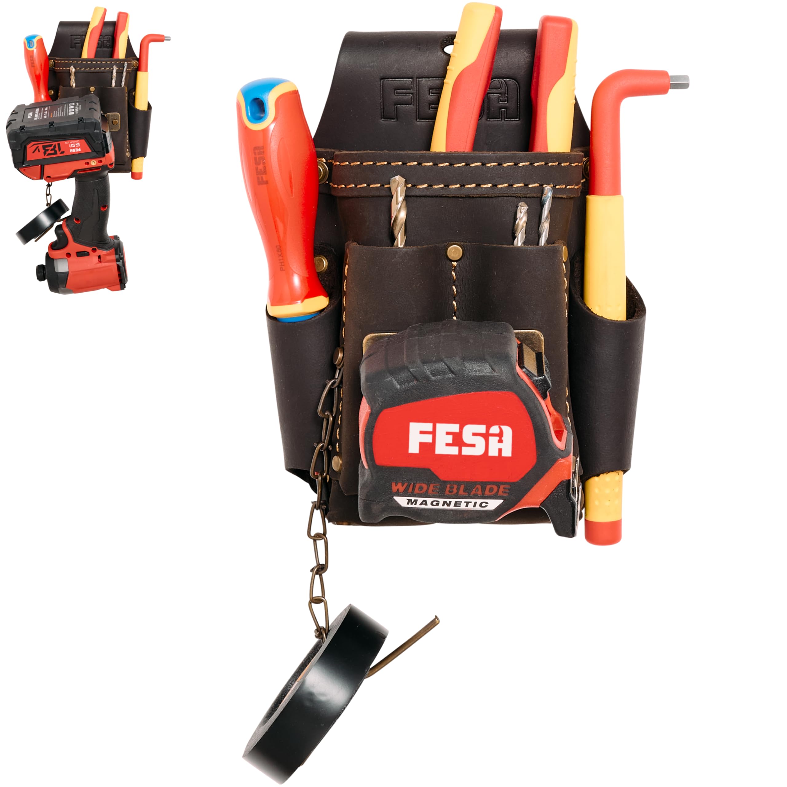 FESA Small Electrician's Tool Pouch - Leather 7-in-1 Small Tool Pouch with Steel Tape Measure or Drill Clip, Tape T-Chain & 5 Pockets - Clip On Any Belt - Handcrafted