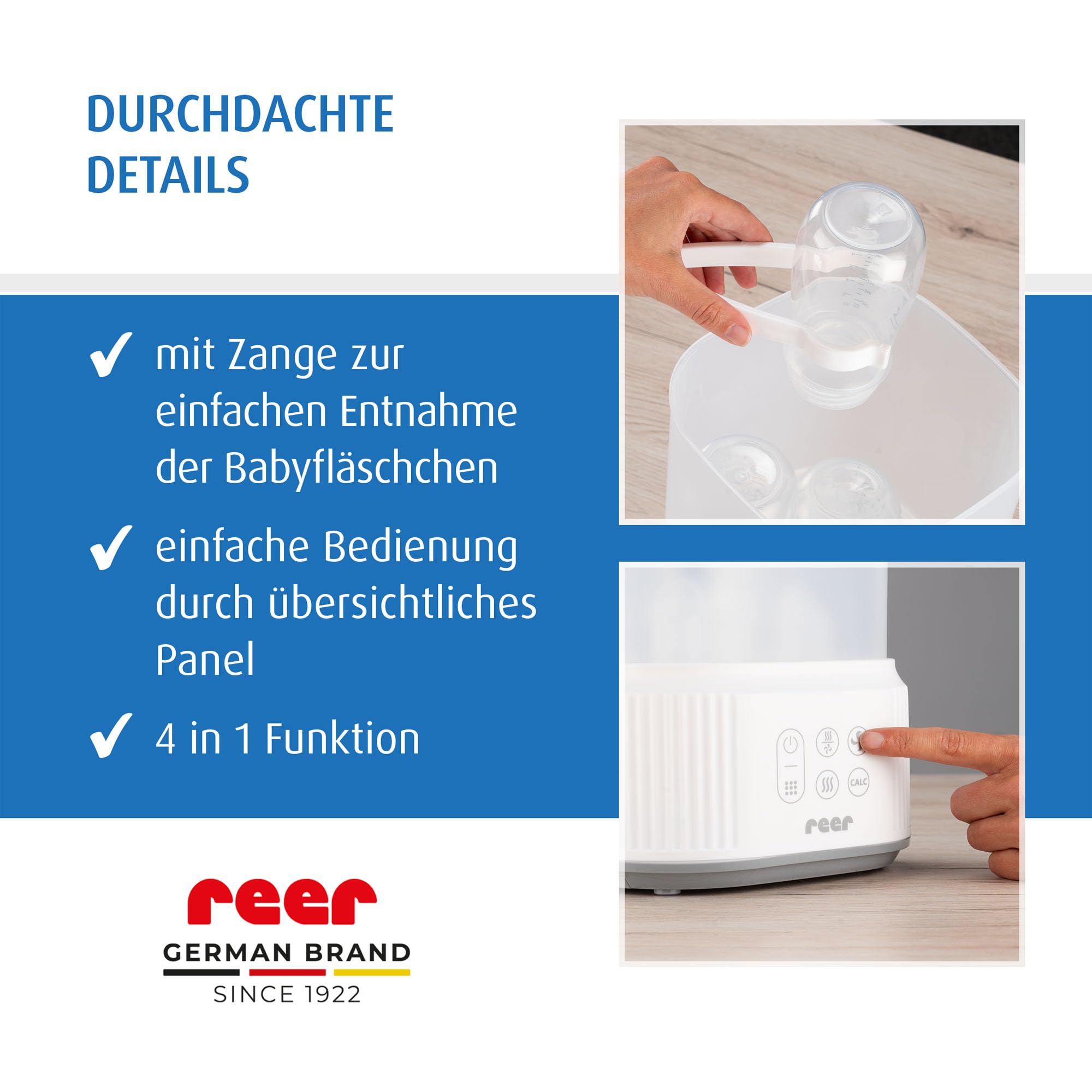 reer VapoDryS Vaporisator | Babyflaschen Sterilisator mit Trocknungsfunktion, Dampfsterilisator für bis zu 5 Flaschen, Desinfektion und Trocknung von Babyfläschchen und Zubehör ohne Chemikalien