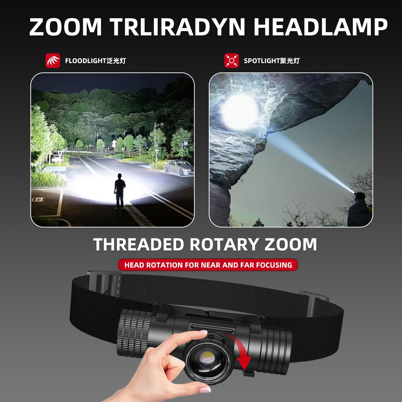 Linterna frontal recargable de 2600 mAh, luz de casco duro, linterna LED de frente de 1800 lúmenes, zoom ajustable, IPX4 impermeable para camping, correr, trabajo, senderismo, pesca