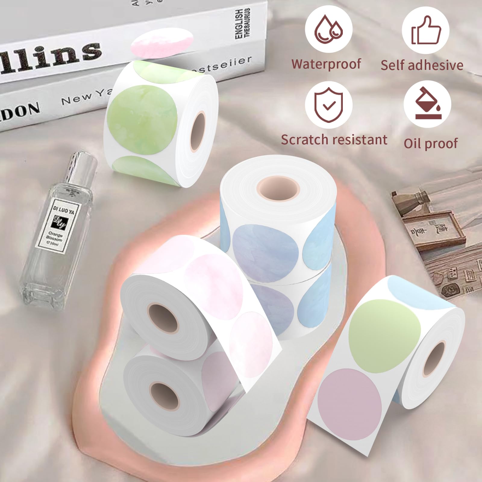 Starboling Etichette termiche rotonde da 5 cm, per stampante termica, autoadesive, rotonde, per design fai da te, targhette con nome, 2400 etichette/4 rotoli