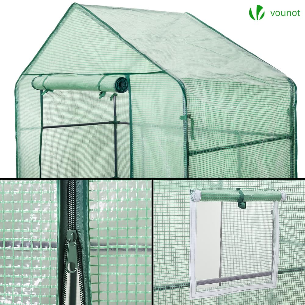 VOUNOT® Invernadero de Jardín 143x73x195 cm Vivero Casero Plantas Cultivo con Puerta Enrollable y Ventana, Invernadero Huerto Caseta de Jardín 4 Estantes para Plantas Macetas Flores, Verde