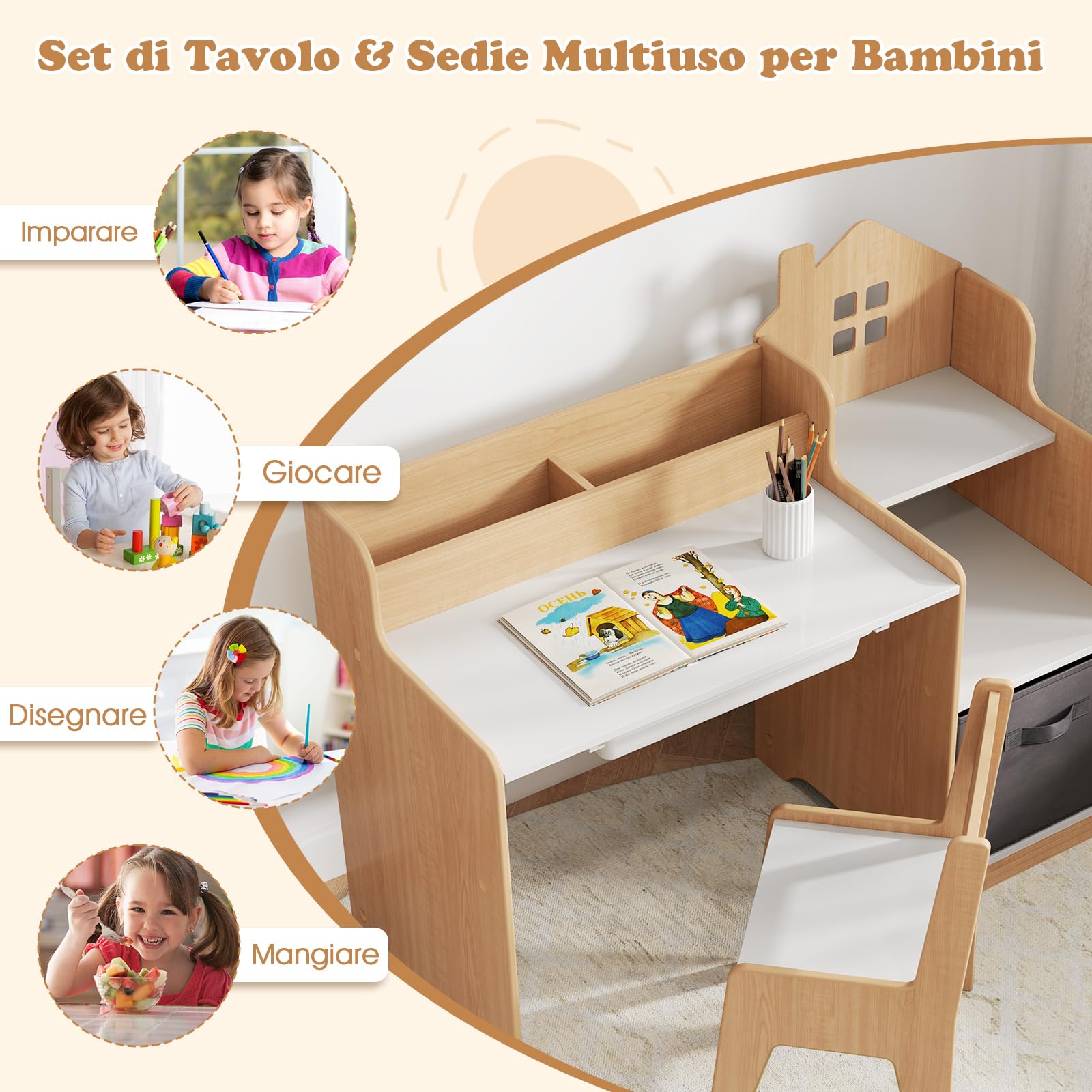 COSTWAY Set Scrivania e Sedia per Bambini 3-12 Anni, Tavolo e Sedia in Legno Salvaspazio con Cassetto in Plastica e Cassetto in Tessuto, Banco Scuola e Seggiola per Cameretta (Naturale)