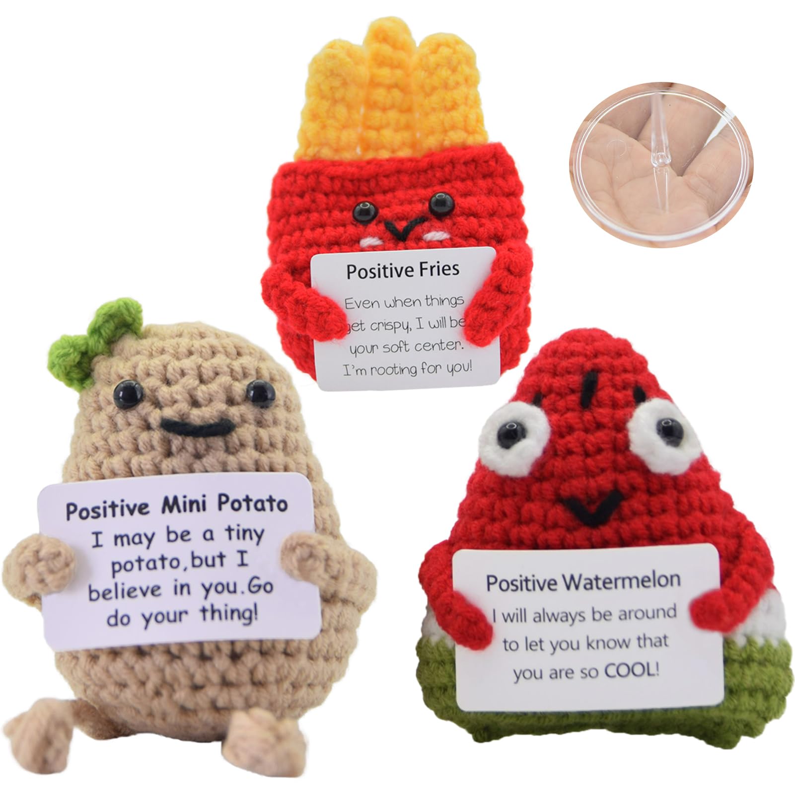 JoyChoi Emotional Support Plush - Positive Crochet Potato, Watermelon & Fries, Cute & Funny Birthday, Anniversary, Christmas, Graduation Gifts, Room or Office Desk Decor for Women & Men (with Base)