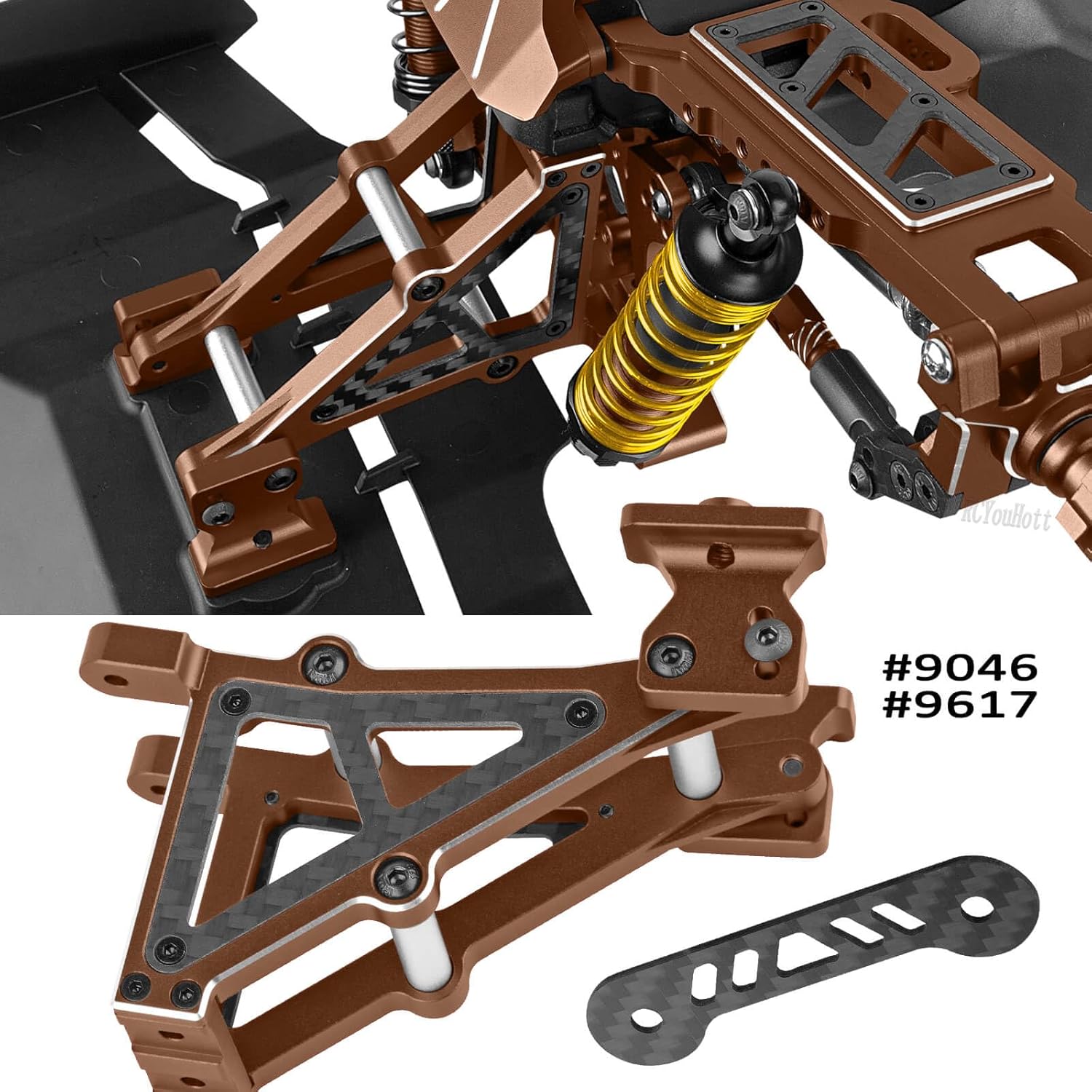 RC Front Rear Shock Tower/Wing Mount/9617T Wing Washer Upgrades Part for 1/10 Jato 4X4,Jato 4WD VXL,Aluminum Carbon Fibre Shock Mounts/Wing Mount Hops Up,Bronze(#9033#9034#9046#9617)