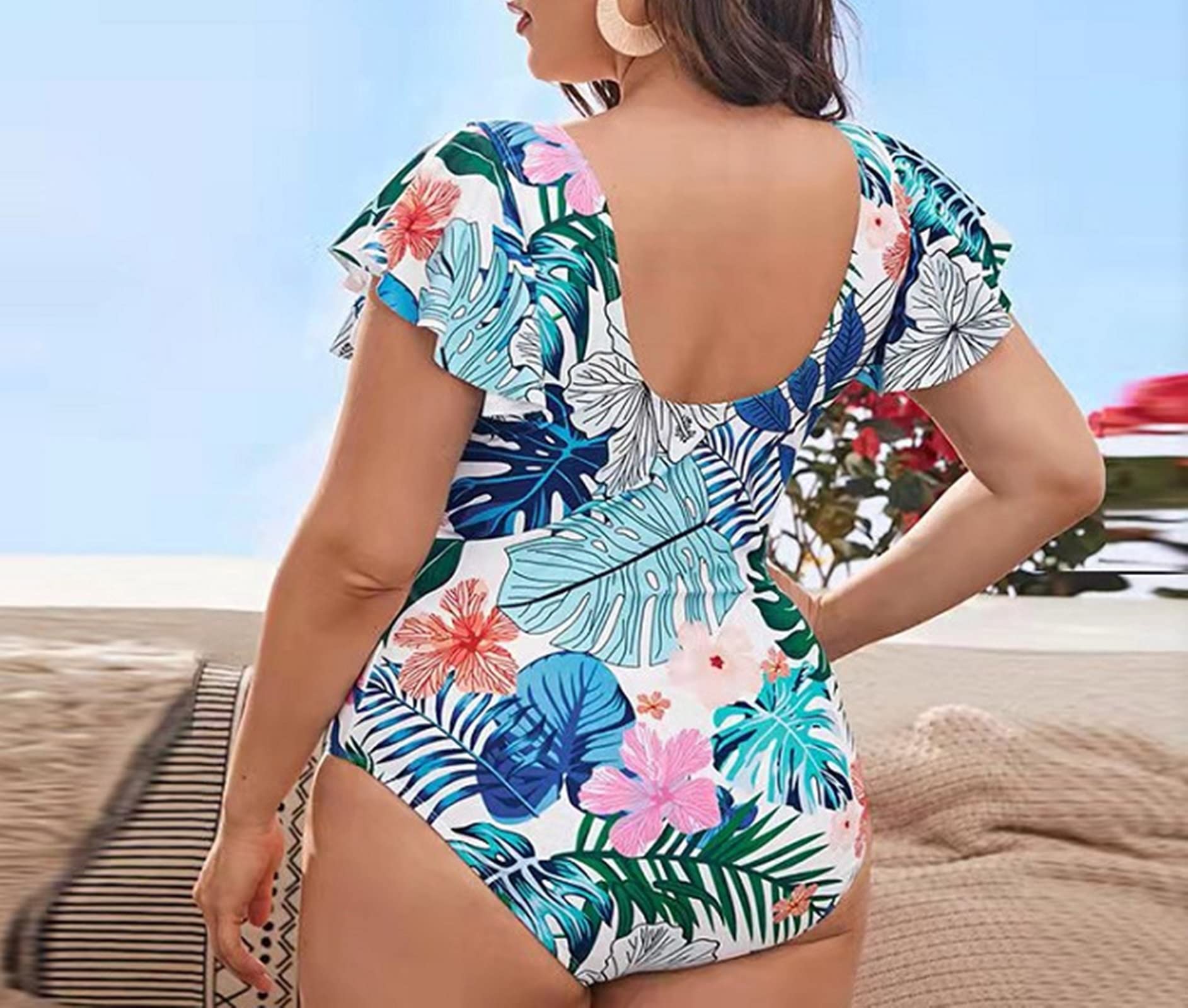 Traje de baño de 1 pieza, traje de baño para mujer, talla grande, con hojas tropicales y flores impresas, de poliéster suave