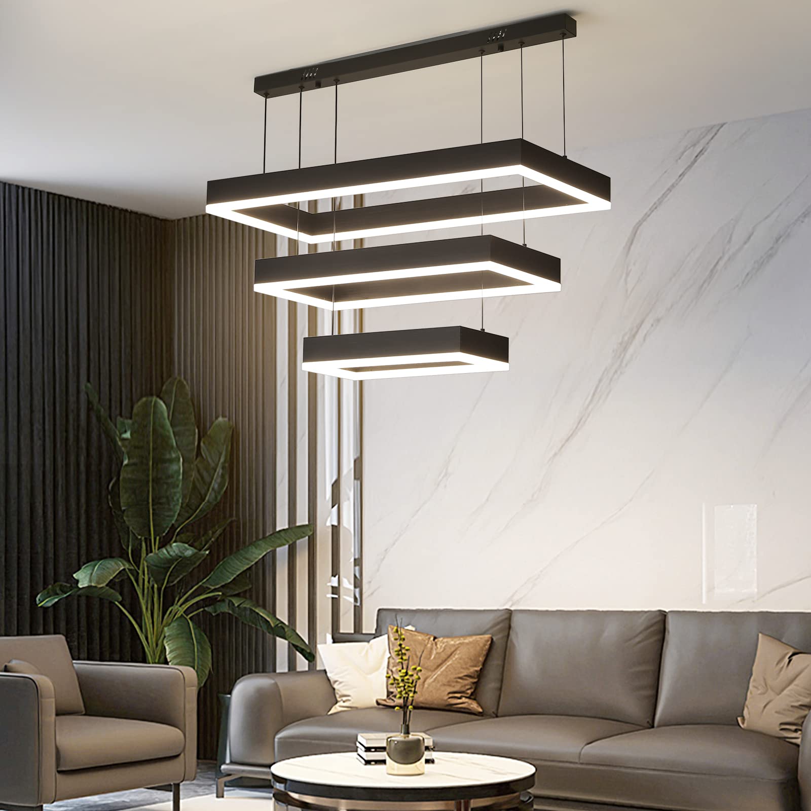 Modern Chandeliers for Living Dining Room, 3-Ring Rectangular LED Chandelier Light Fixture with Remote Control Dimming, Hanging Pendant Light with Adjustable Height, Black