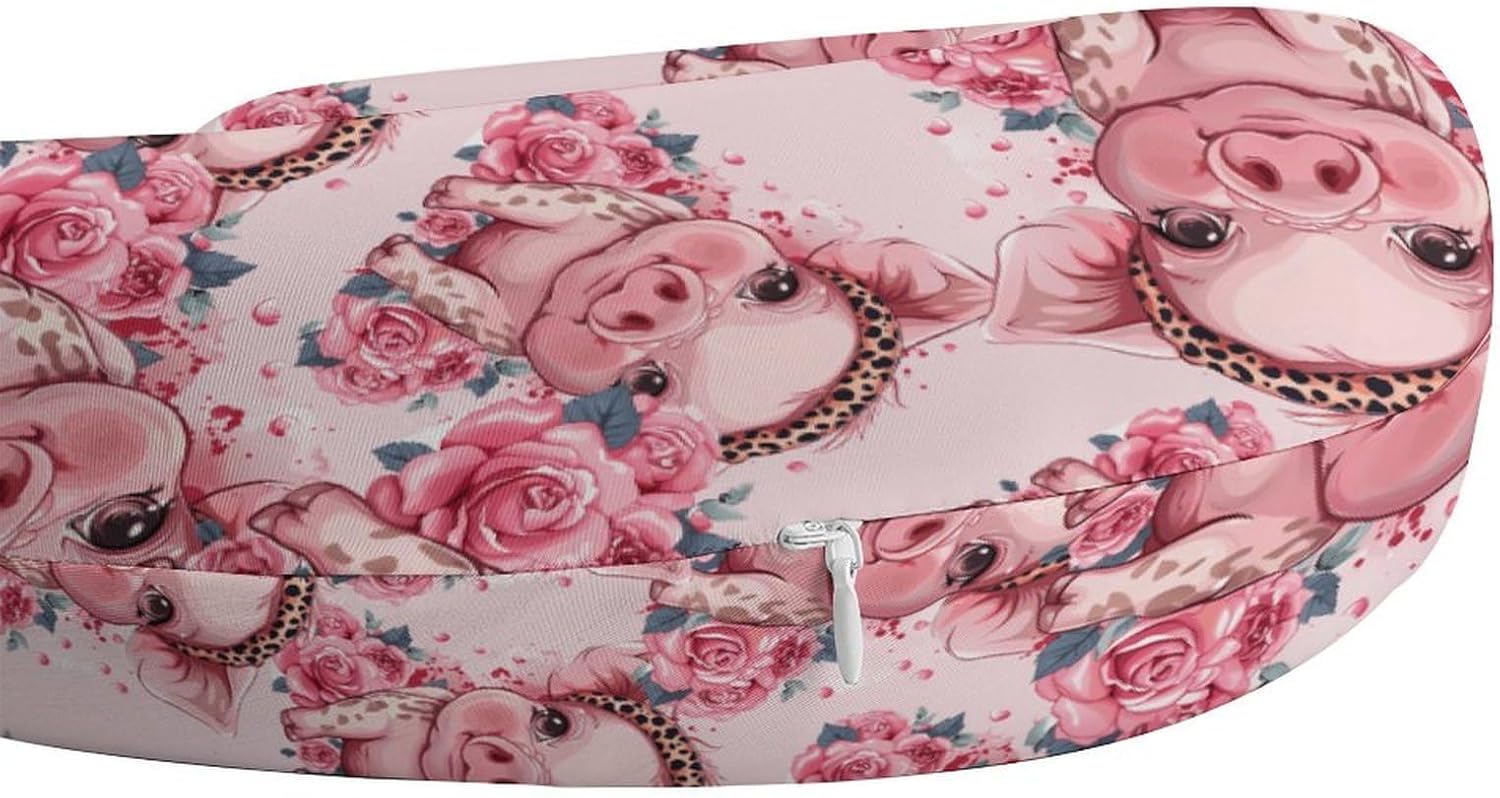 Pigs with Leopard Headband Flower Travel Pillow U Shape Neck Pillow Washable Pillowcase for Sleeping Chair