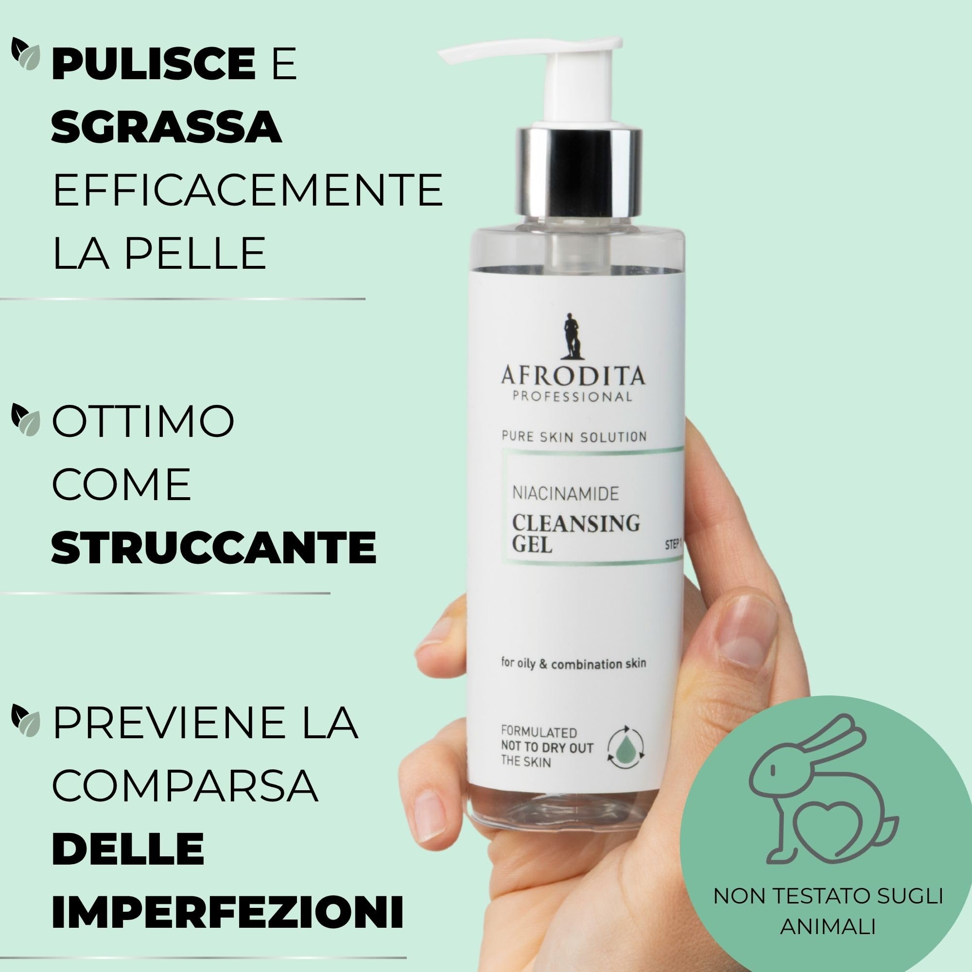 Afrodita Professional Niacinamide gel detergente per pelli grasse e miste, detergente delicato per il viso con acido ialuronico, pulizia profonda dei pori, 94% di origine naturale, senza alcool e