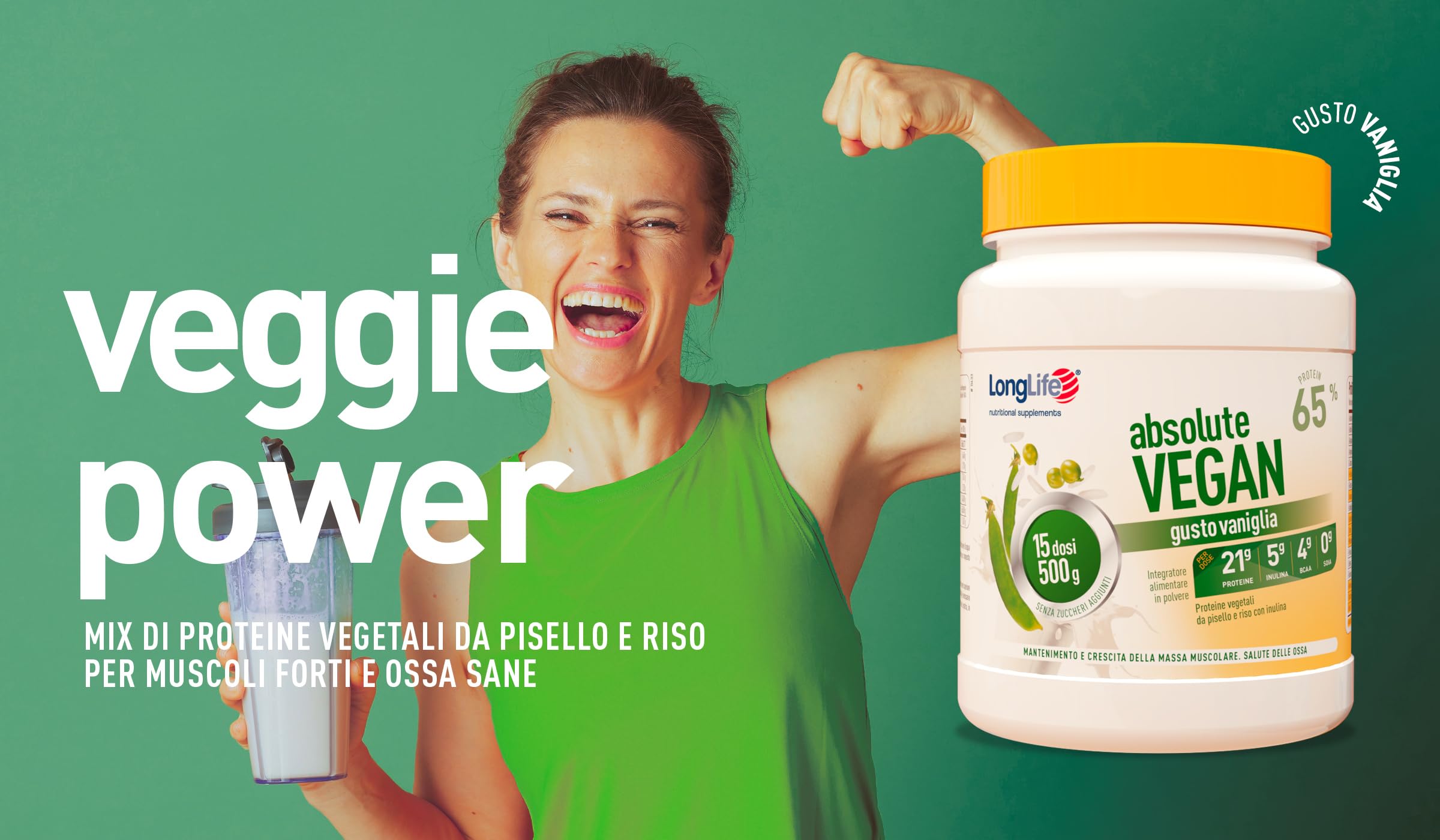 LongLife® Absolute Vegan | Proteine vegetali da pisello e riso 64% con Inulina | Crescita e mantenimento della massa muscolare | Benessere delle ossa | Vaniglia | 15 dosi | Vegano e senza glutine