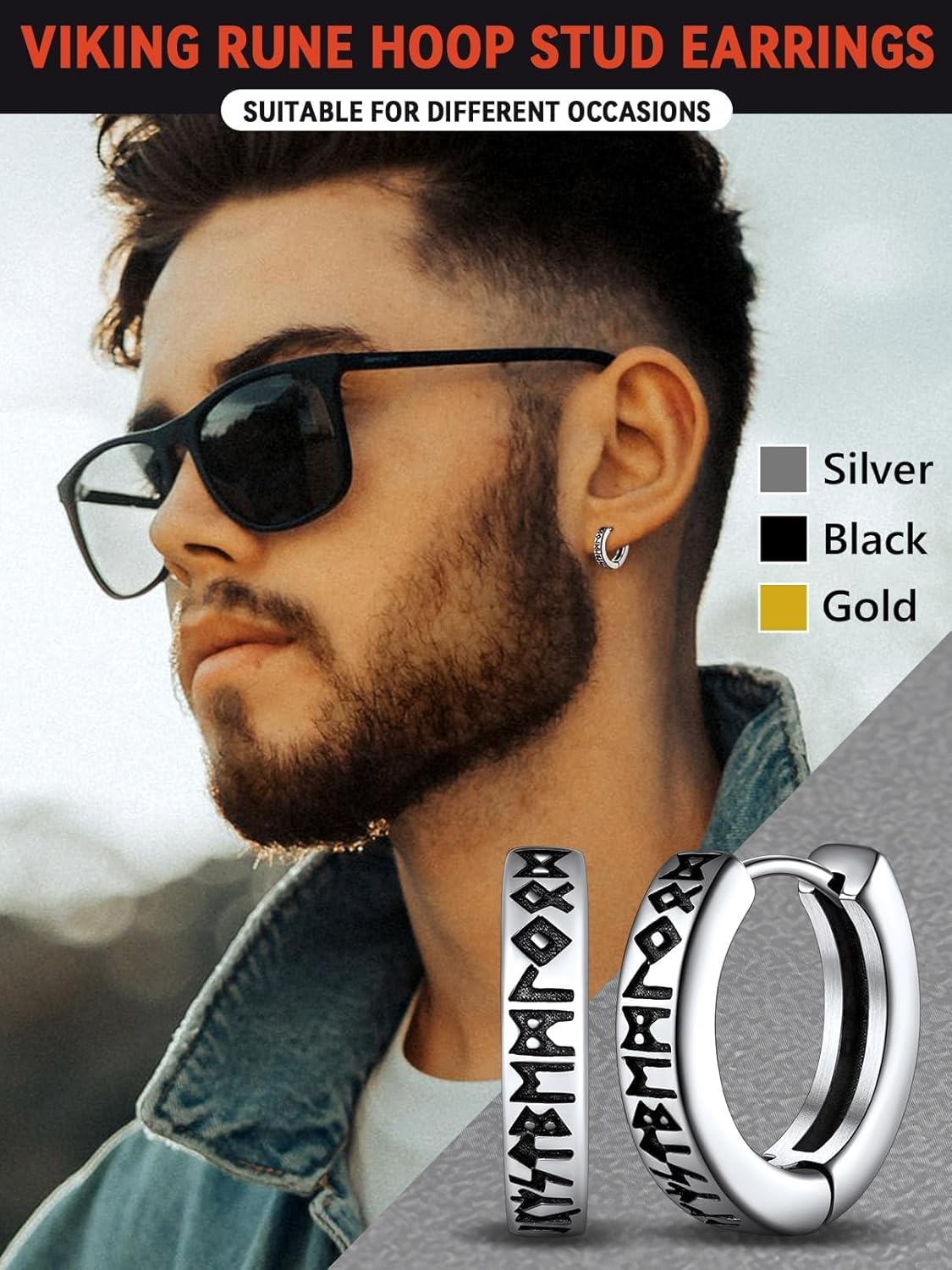 FaithHeart Norse Viking Runes Hoop Earrings for Men Hypoallergenic Stainless Steel Punk Huggie Hoop Earring Sturdy Norse Mythology Jewelry Gifts with Delicate Packaging - Image 2