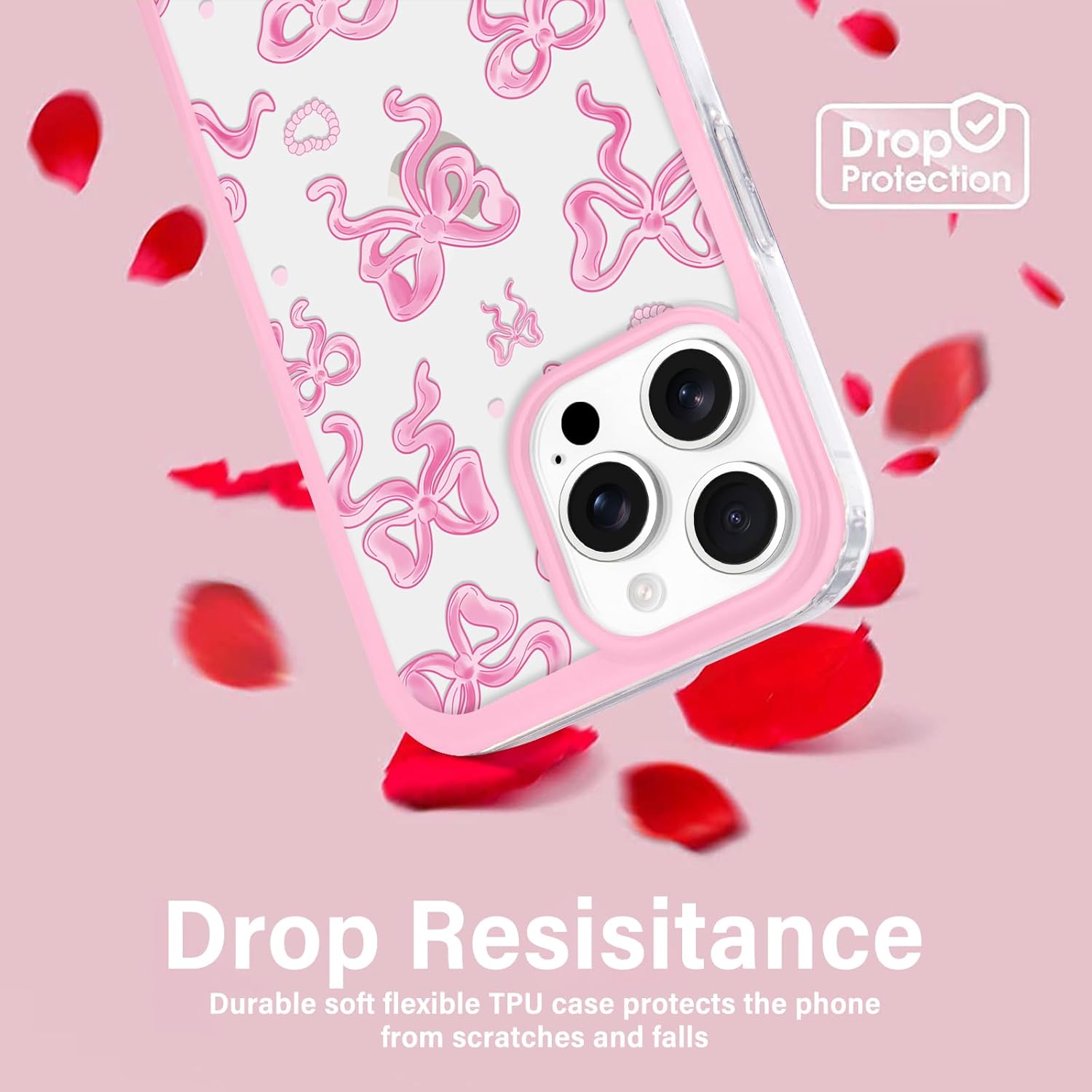 for iPhone 16 Pro Case for Women Girls, Clear Cute Ribbon Bowknot Pattern Luxury Aesthetic Bow Design Transparent Slim Soft TPU Shockproof Protective Phone Case for iPhone 16 Pro, Big Bow - Image 3