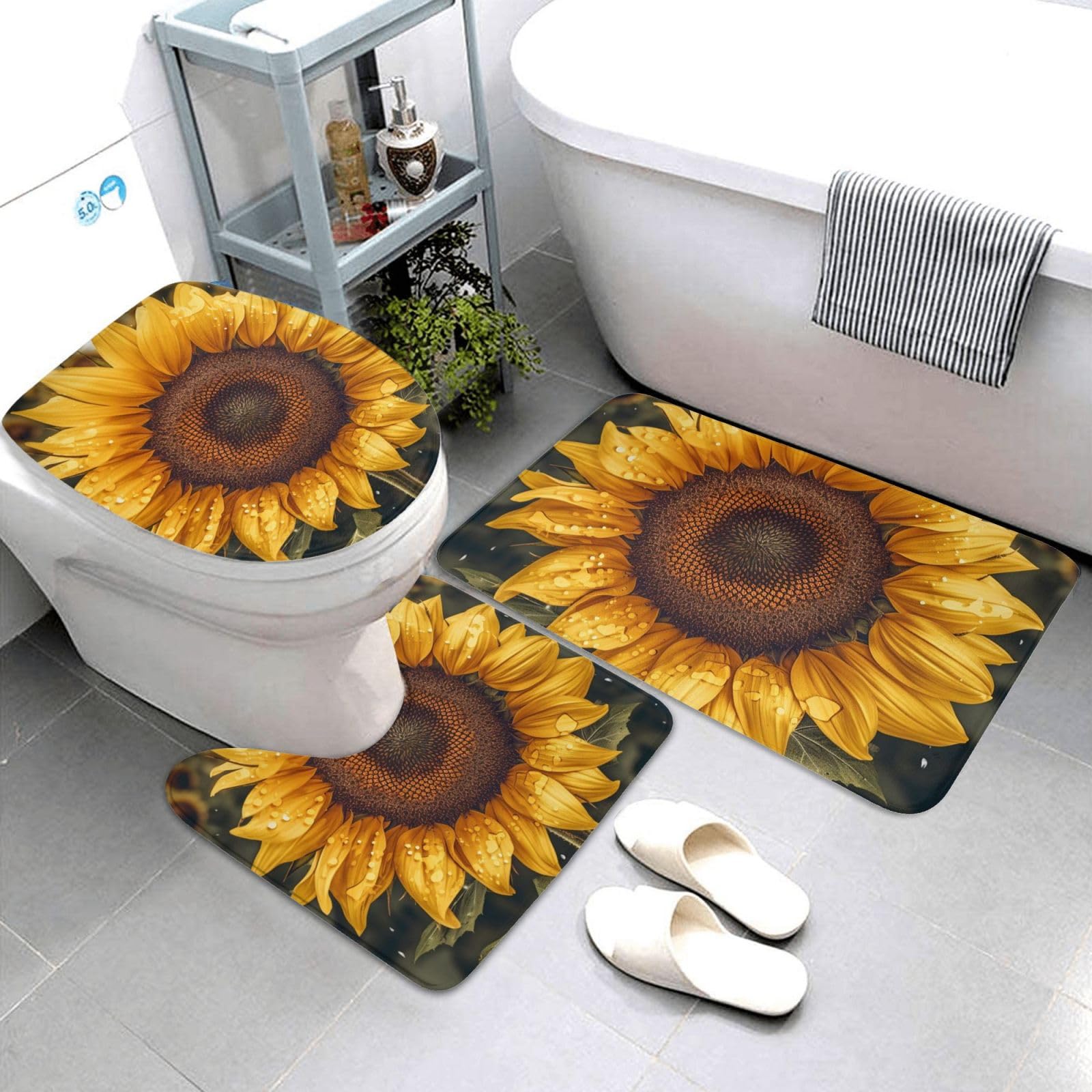 Dwrepo Sunflower Print Bathroom Rug Set 3 Piece with Non-Slip U-Shaped Contour Mat and Toilet Lid Cover for Bathroom Decoration