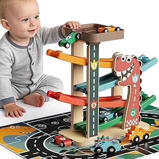 Montessori Car Ramp Toy for Toddlers 1 2 3 Year Old Wooden Dinosaur Race Track with 6 Cars & Parking Garage Kids Play Cars & Race Cars Birthday for 1-3 Boys Girls Baby Motor Skills Toy