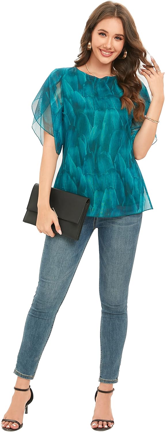 Oyamiki Womens Half Sleeve Layered Flowy Chiffon Blouses Round Neck Shirts Tops - Image 5