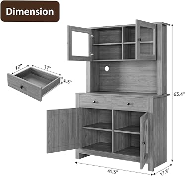 IDEALHOUSE 63 Kitchen Pantry Cabinet with Drawers, Hutch Cabinet with Storage, Microwave Stand, Adjustable Shelves, Freestanding Tall Pantry Storage for Dining Room, Living Room, Grey